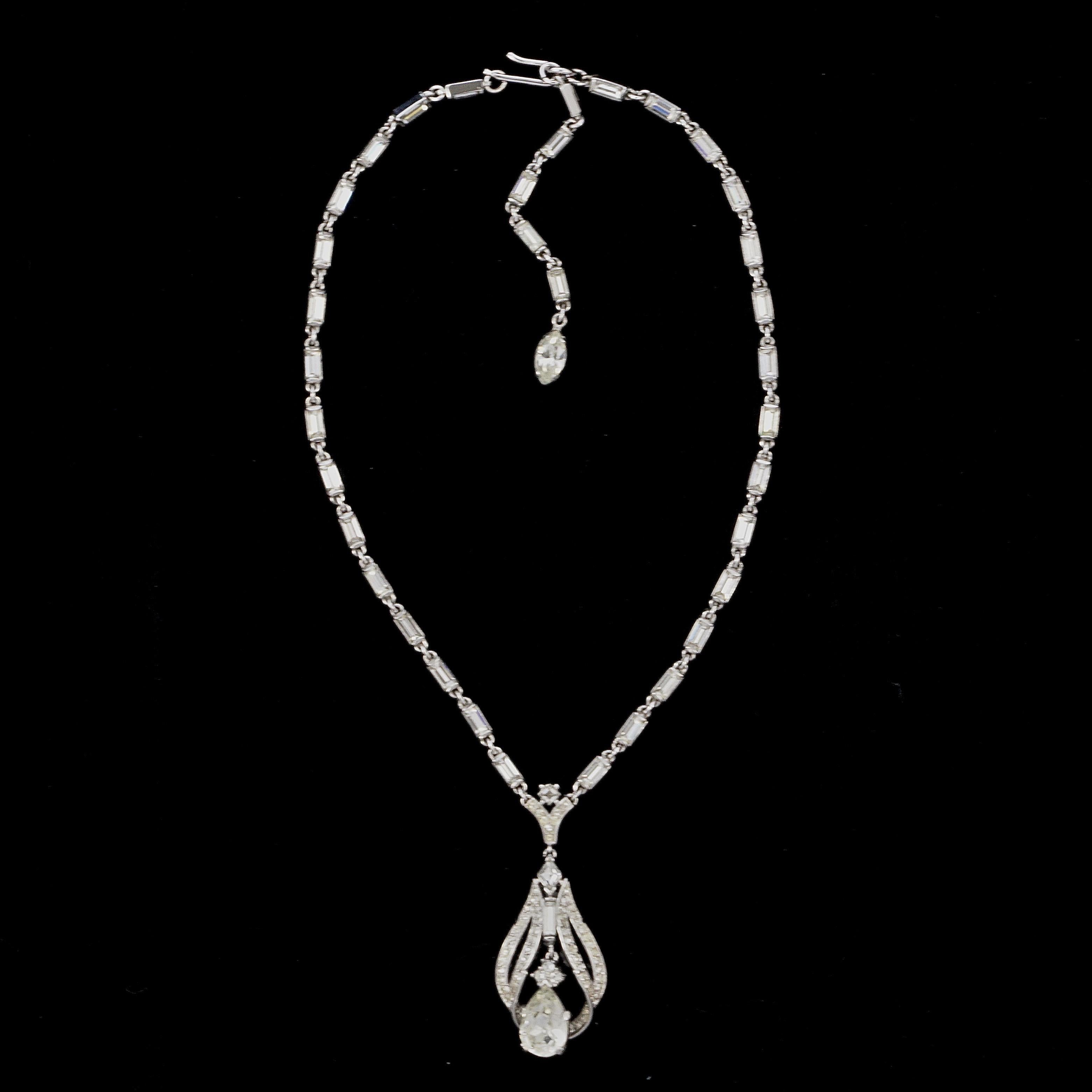 Trifari Silver Tone Rhinestone Tremblant Pendant and Necklace circa 1950s For Sale 4