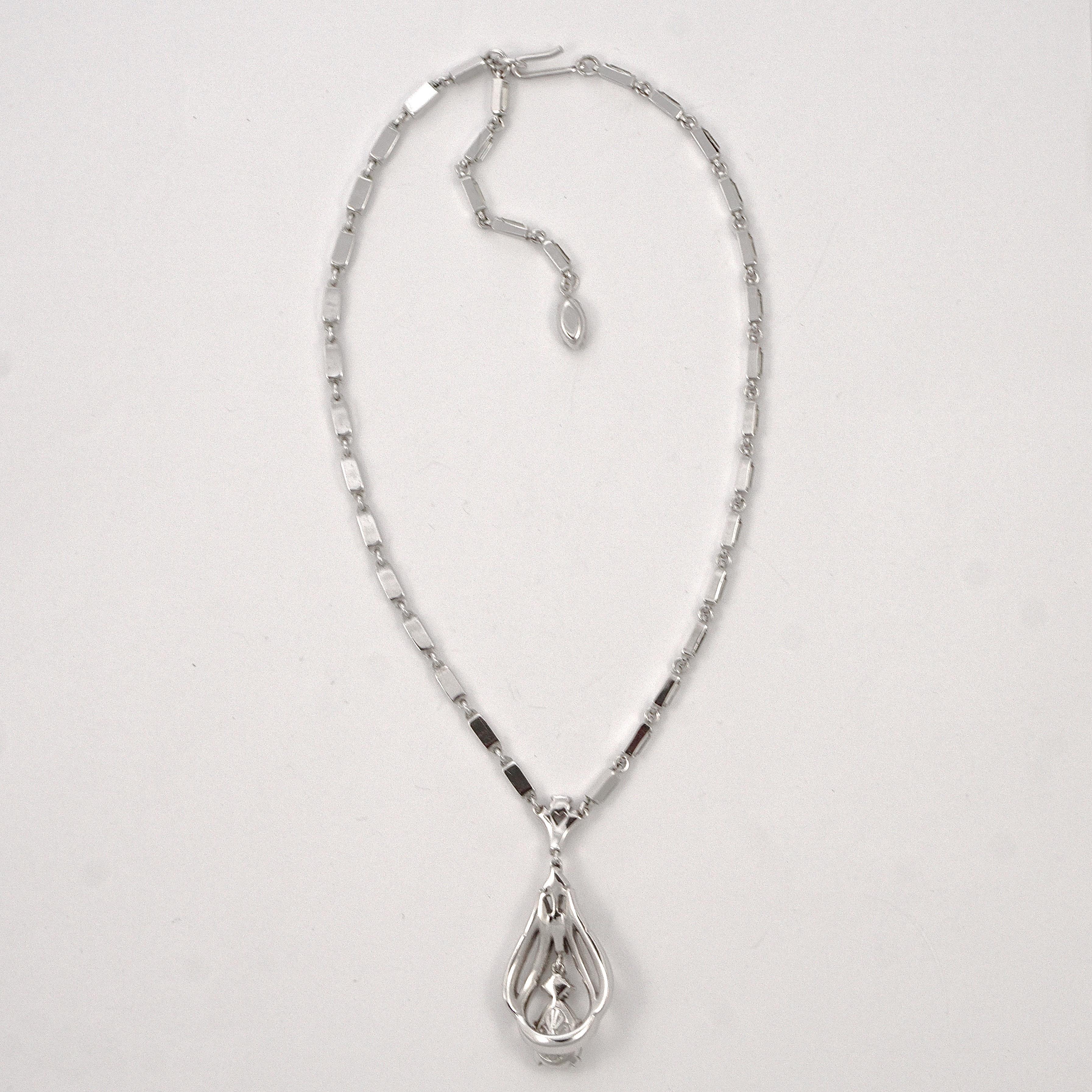 Women's or Men's Trifari Silver Tone Rhinestone Tremblant Pendant and Necklace circa 1950s For Sale