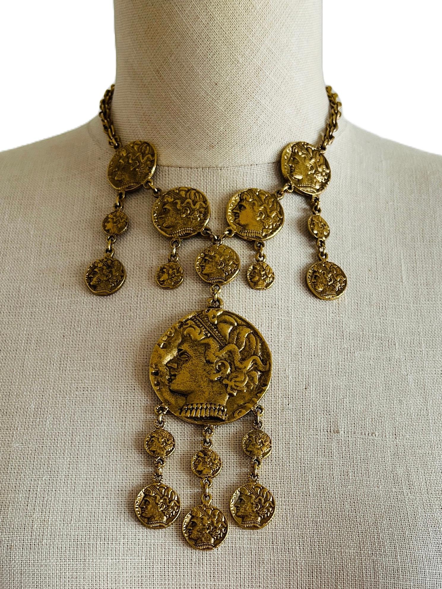 Trifari Statement Gold Ancient Greco Roman Coin Necklace Chain Choker Layered In Good Condition In Sausalito, CA