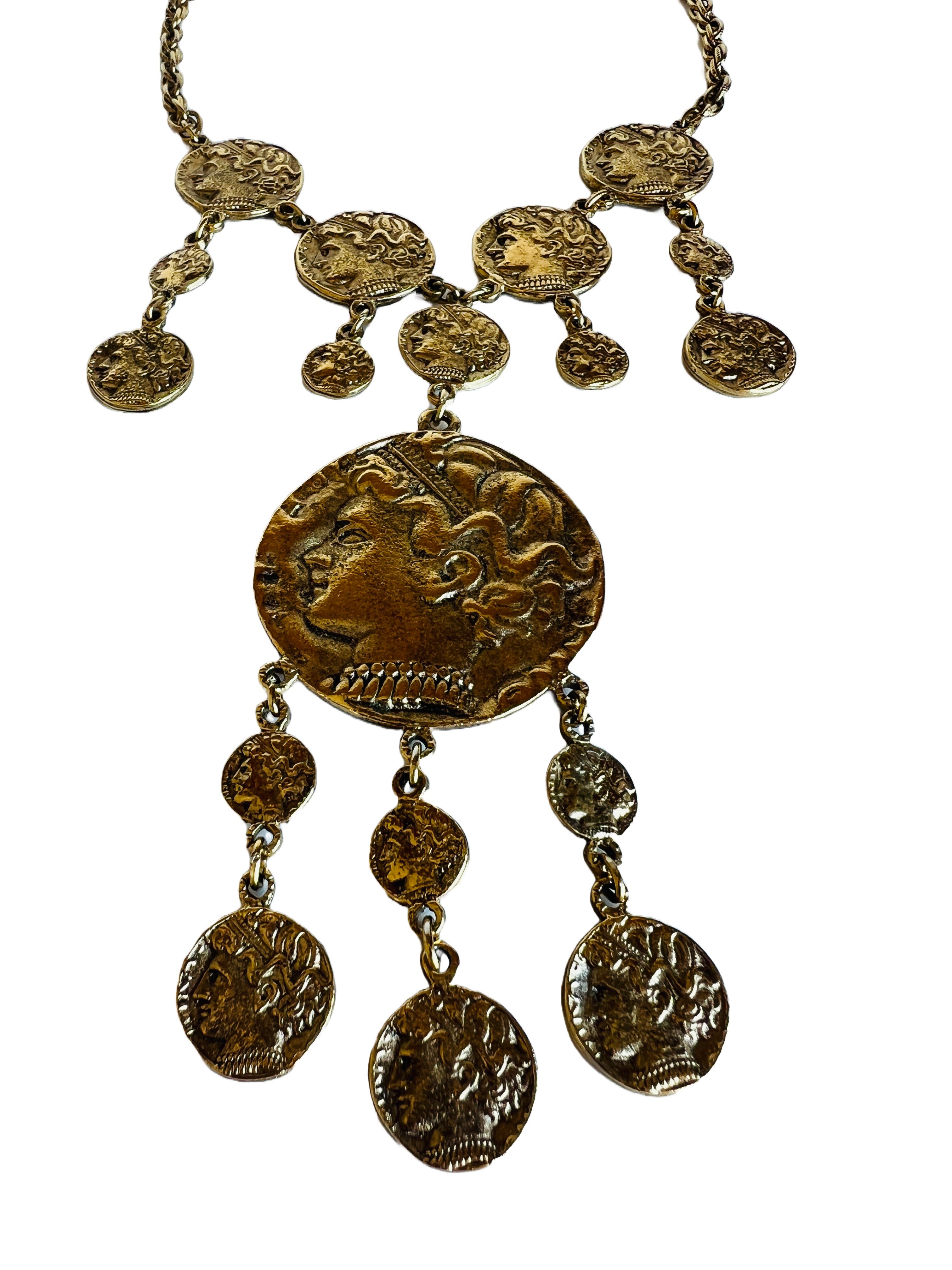 Women's or Men's Trifari Statement Gold Ancient Greco Roman Coin Necklace Chain Choker Layered