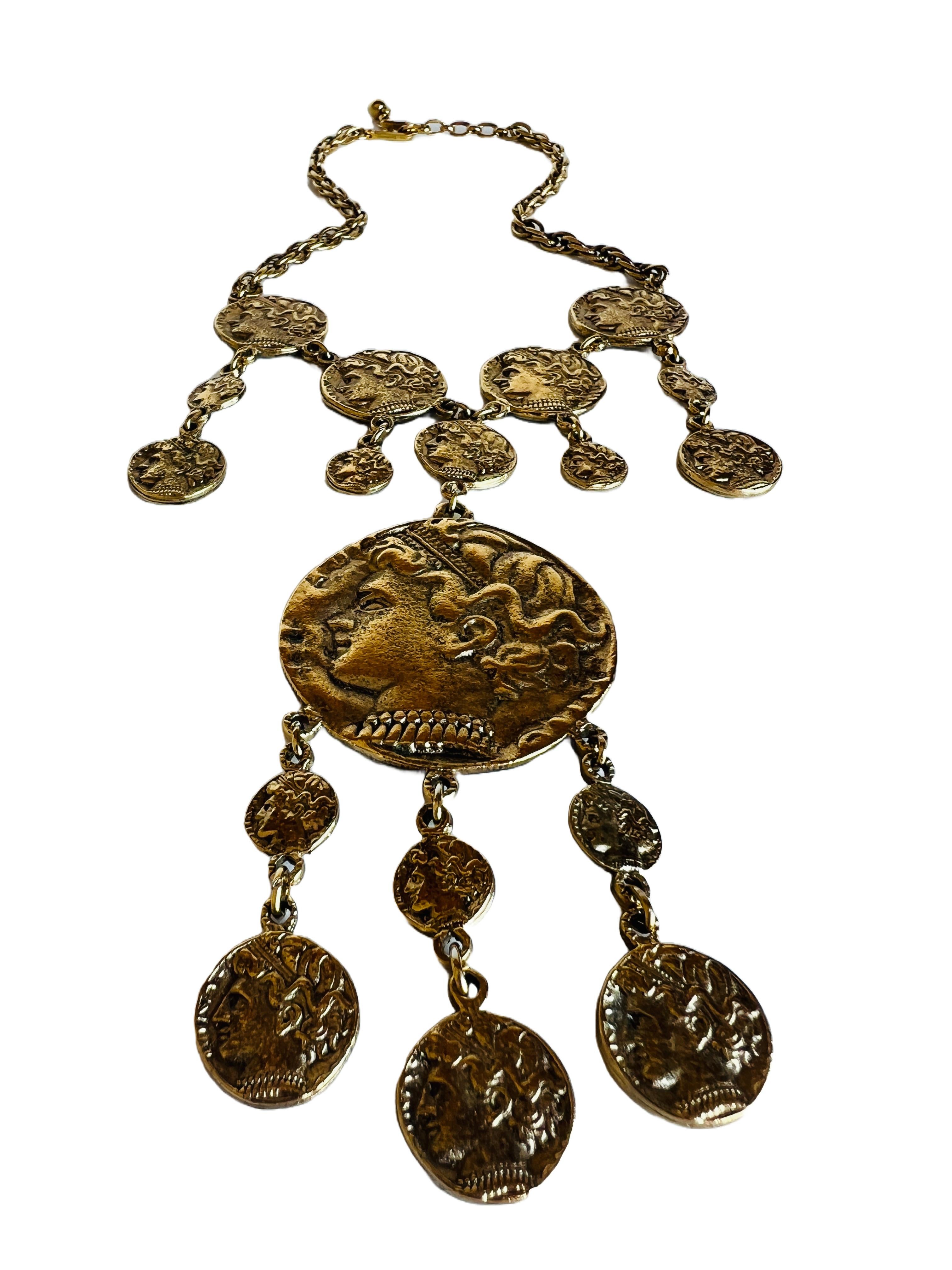 Trifari Statement Gold Ancient Greco Roman Coin Necklace Chain Choker Layered 1