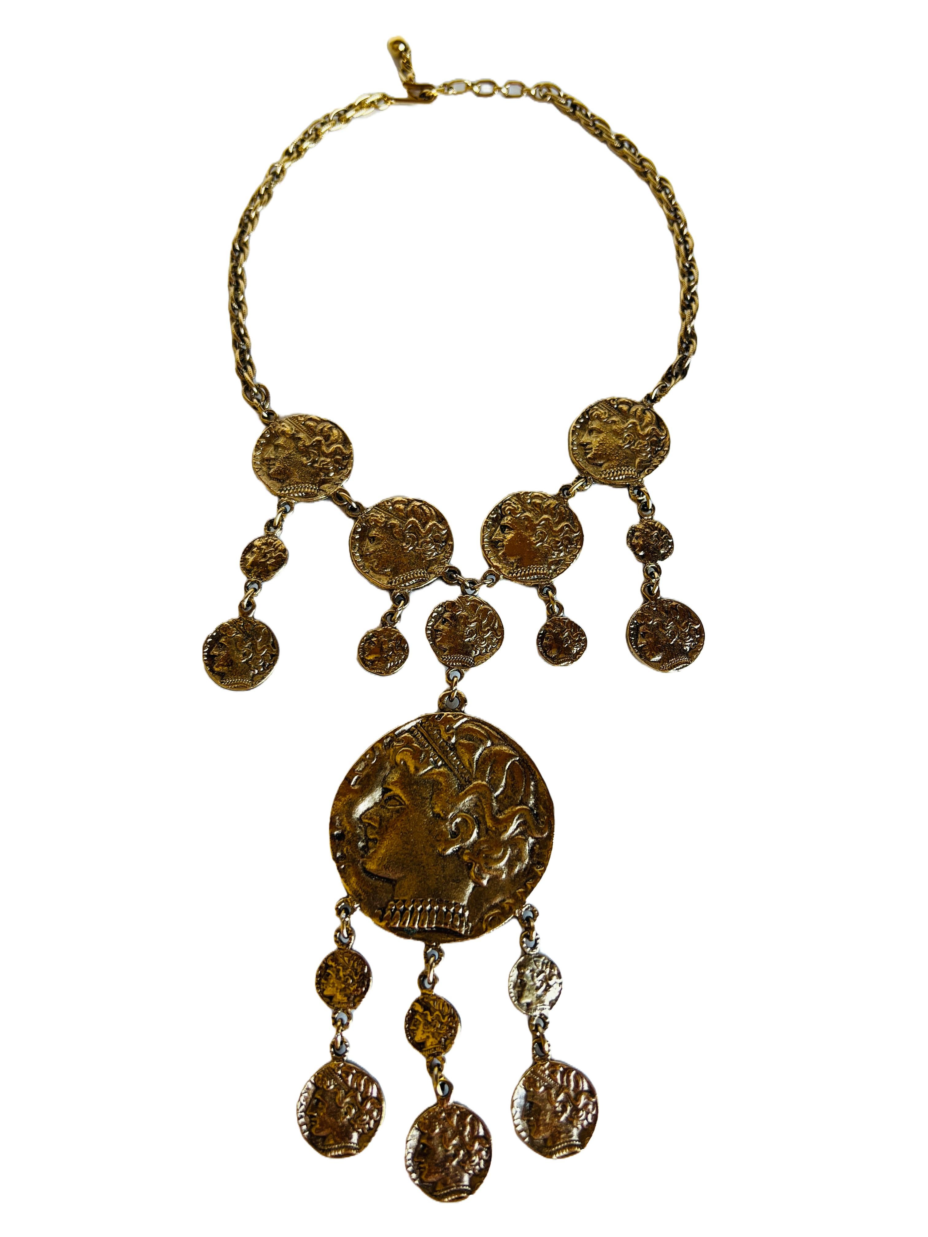 Trifari Statement Gold Ancient Greco Roman Coin Necklace Chain Choker Layered 2