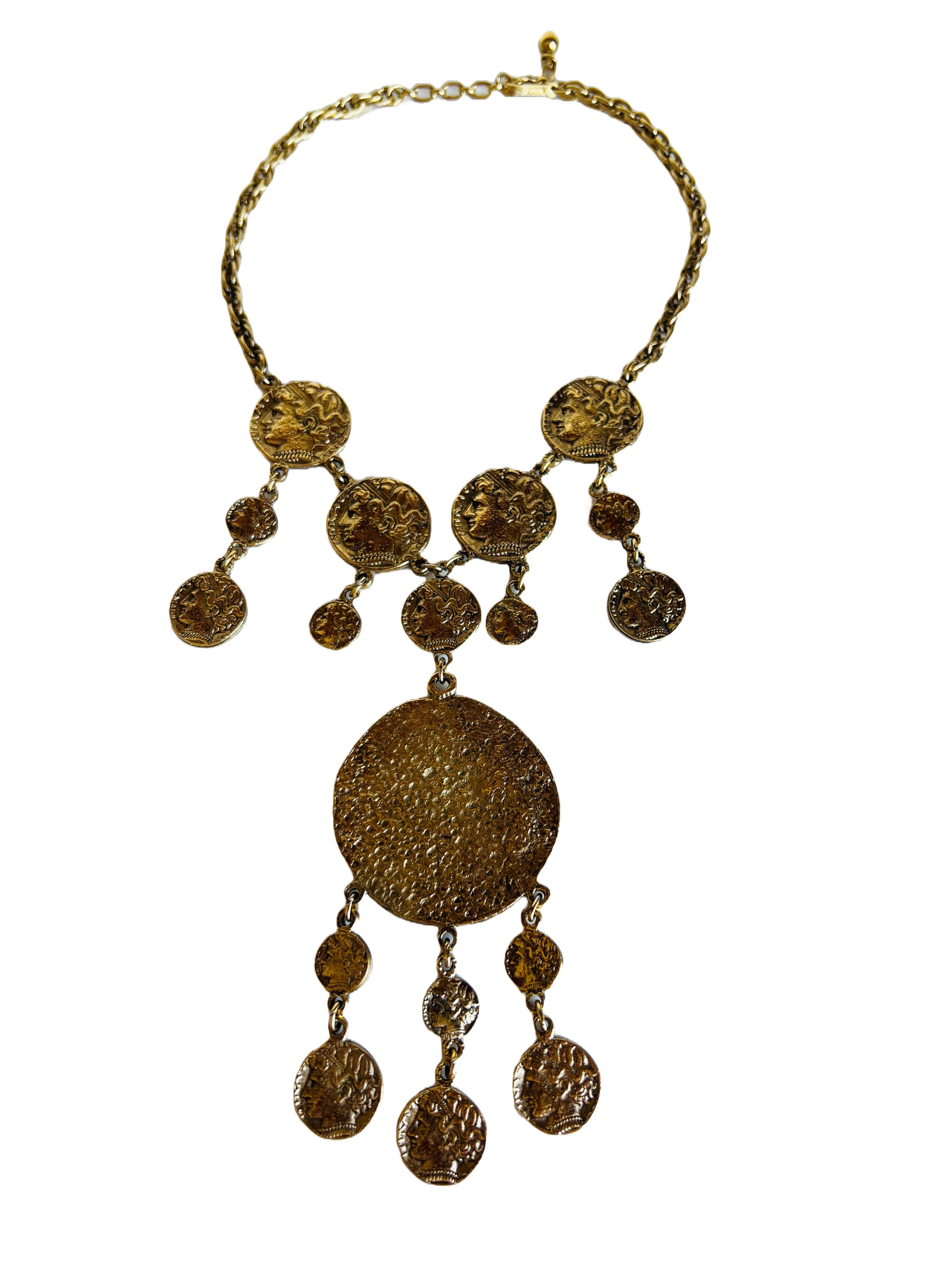Trifari Statement Gold Ancient Greco Roman Coin Necklace Chain Choker Layered 3