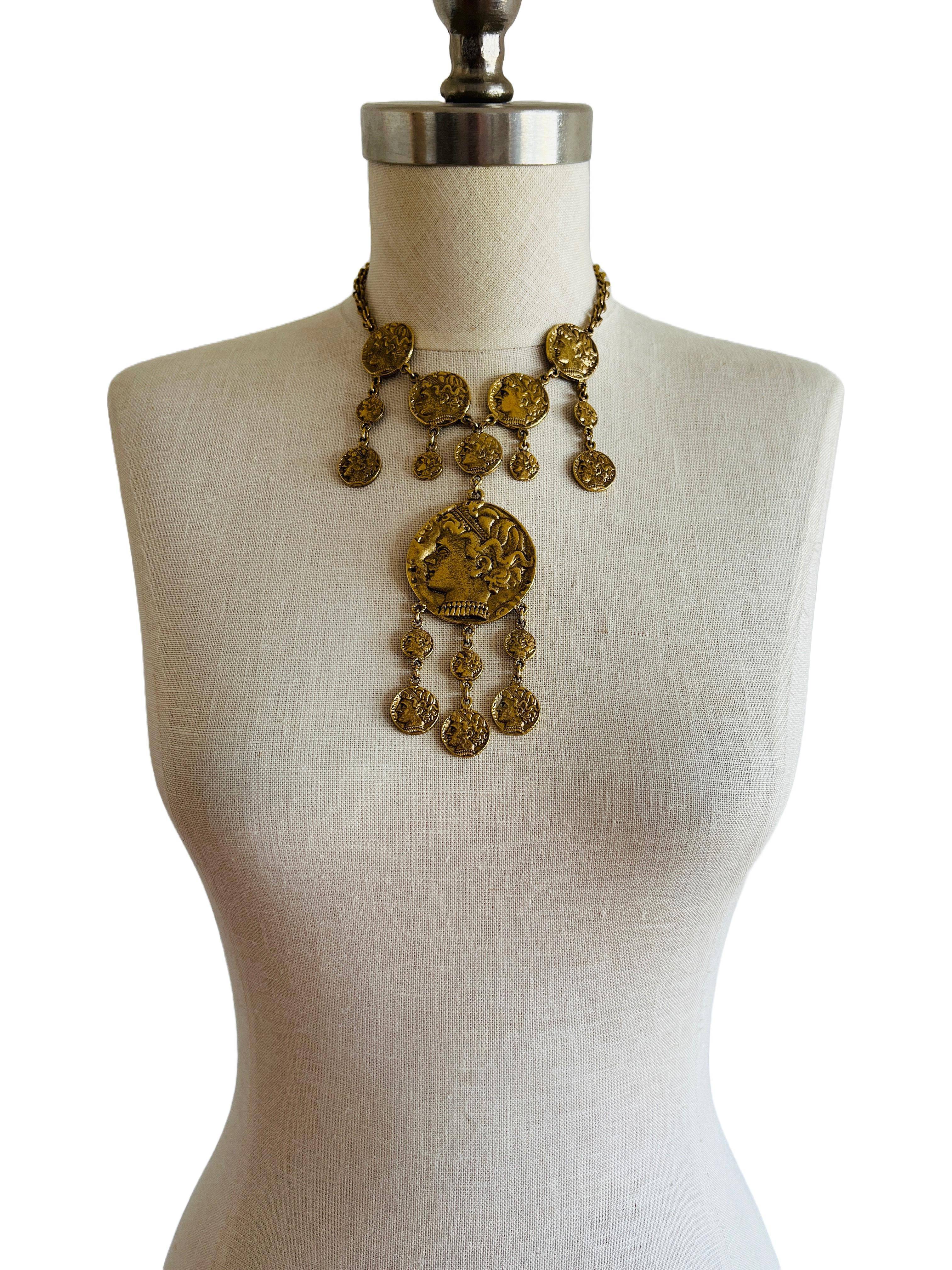 Trifari Statement Gold Ancient Greco Roman Coin Necklace Chain Choker Layered 4