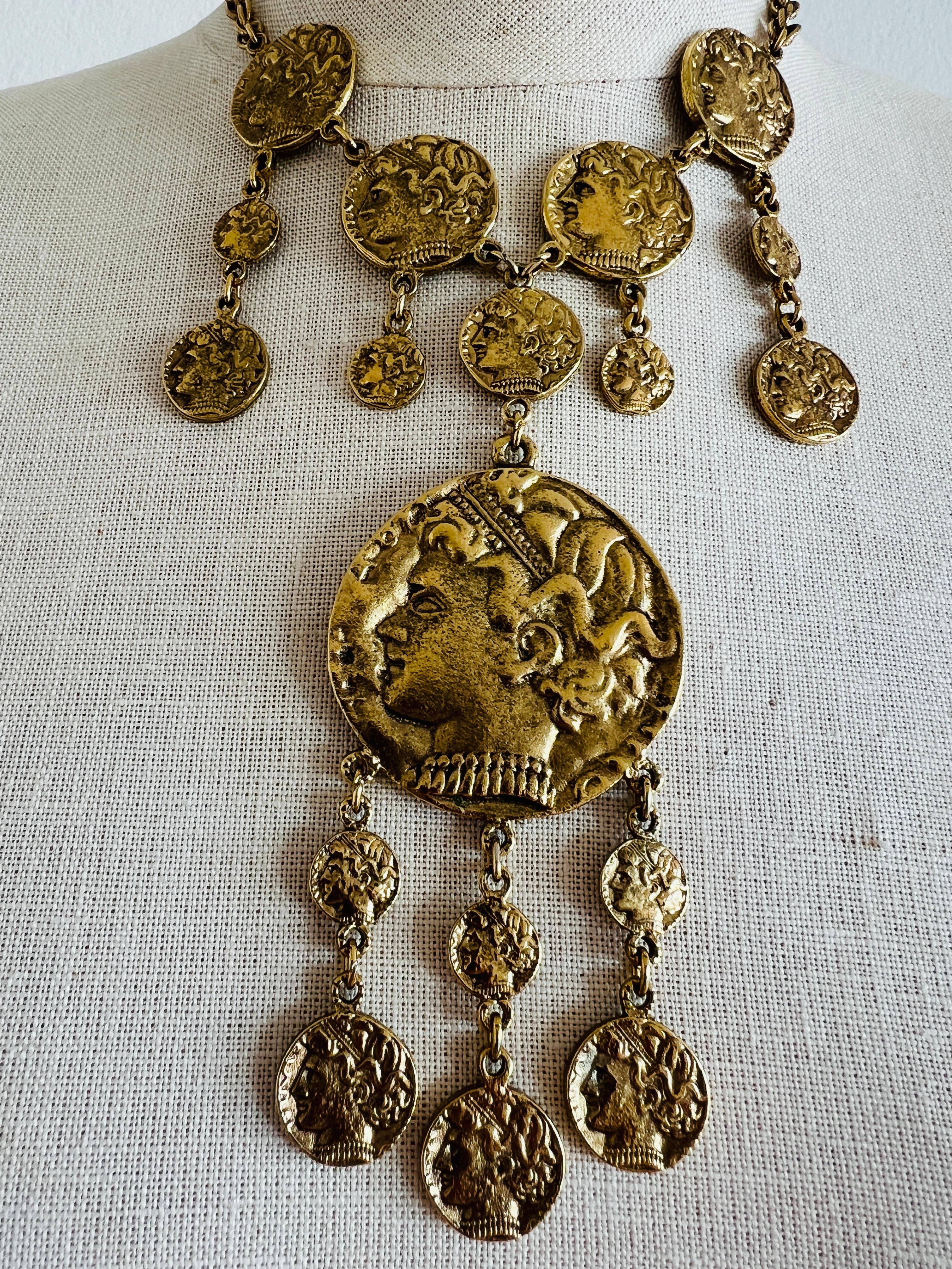 Trifari Statement Gold Ancient Greco Roman Coin Necklace Chain Choker Layered 5