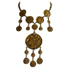 Trifari Statement Gold Ancient Greco Roman Coin Necklace Chain Choker Layered