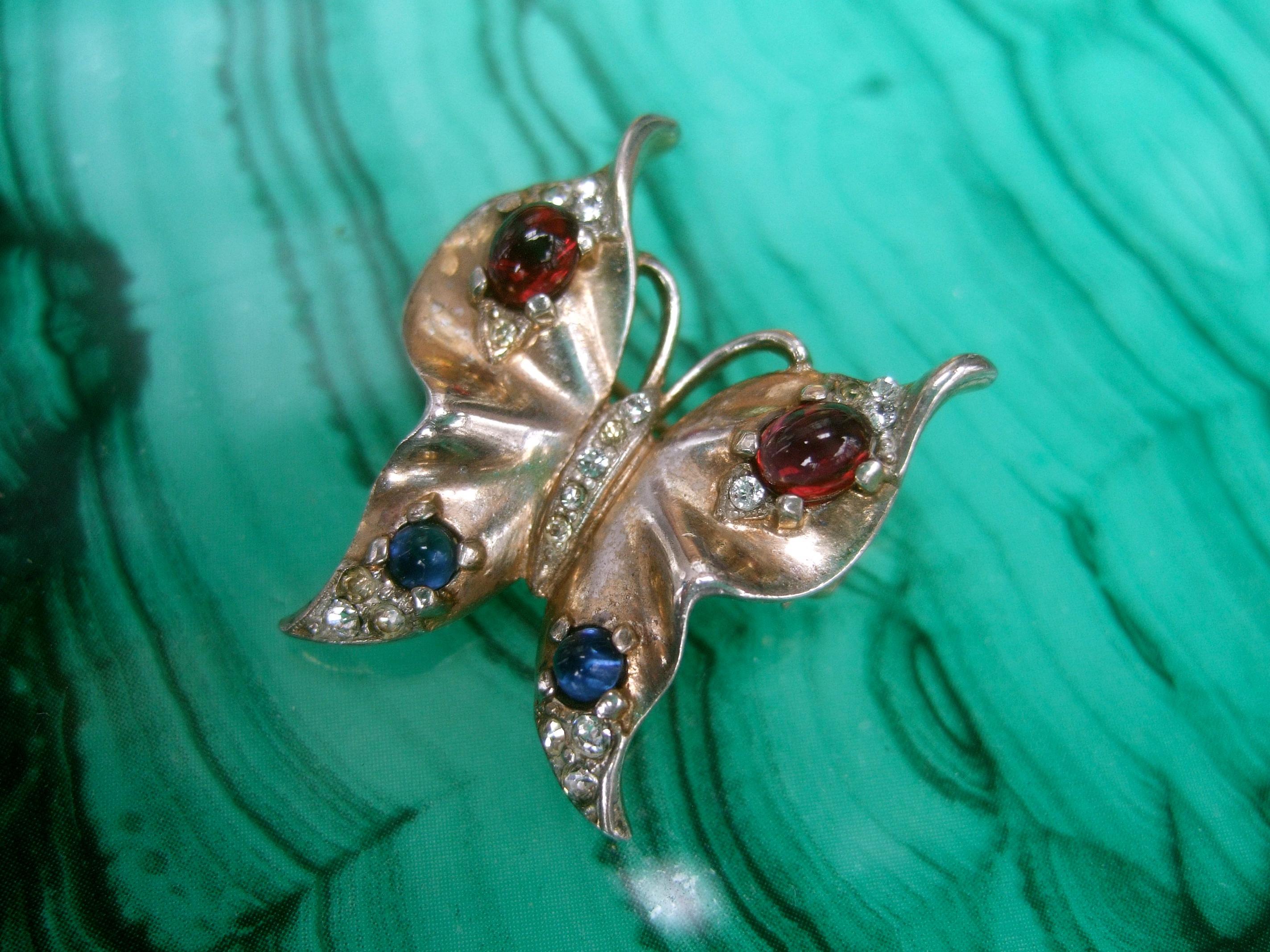 Art Deco Trifari Sterling 1940s Glass Cabochon Diminutive Butterfly Brooch 