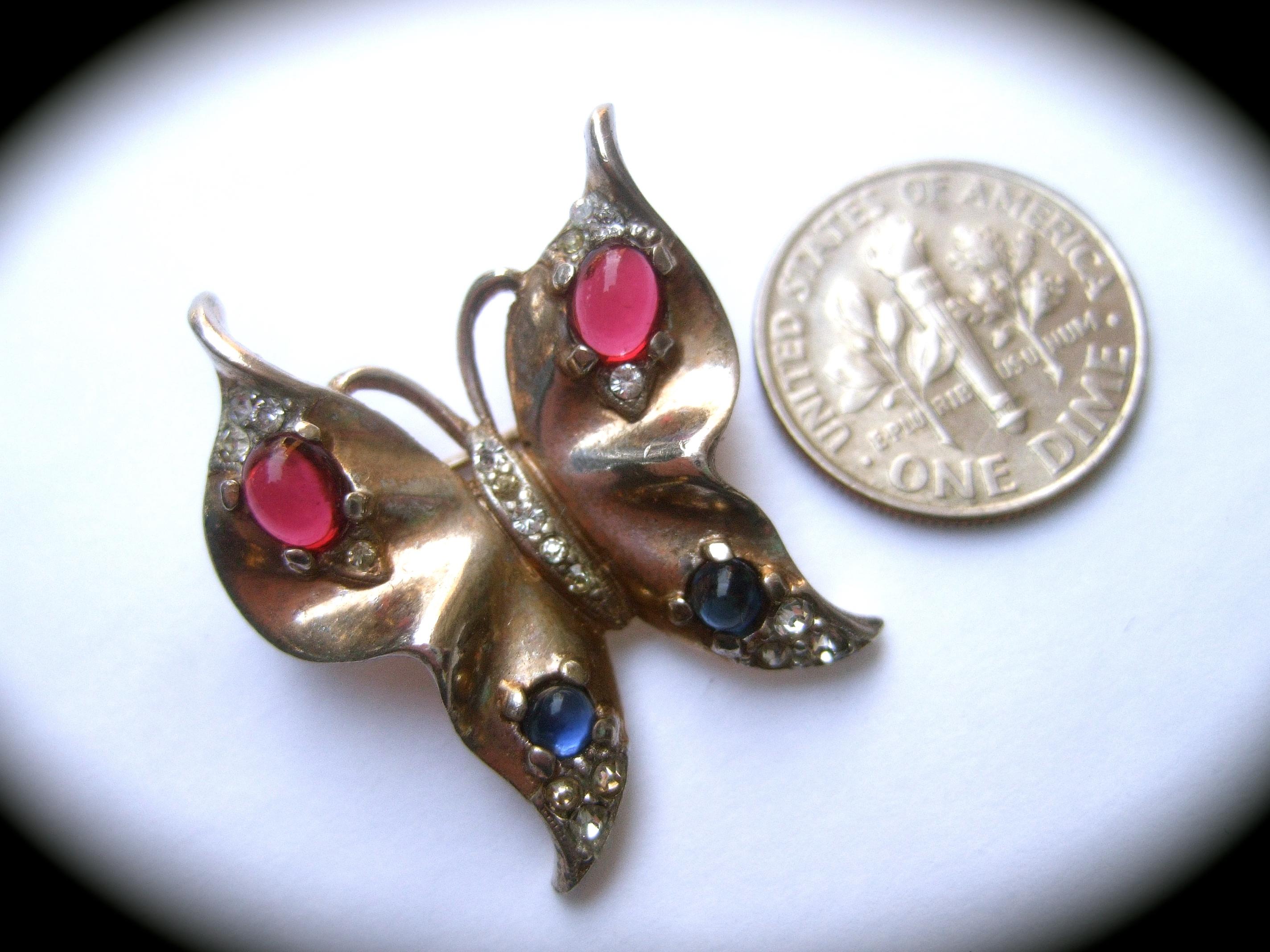 Trifari Sterling 1940s Glass Cabochon Diminutive Butterfly Brooch  In Good Condition In University City, MO