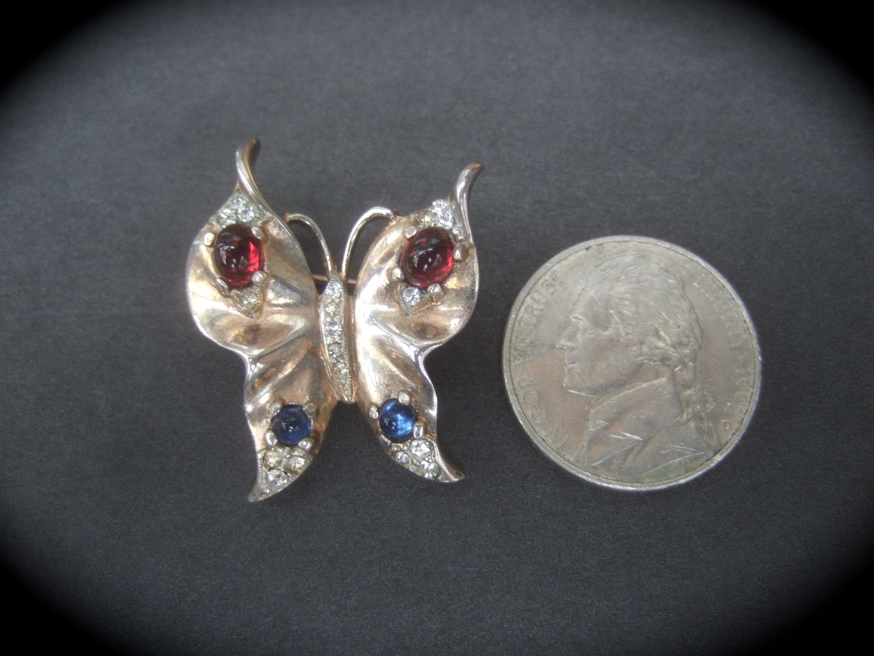 Women's Trifari Sterling 1940s Glass Cabochon Diminutive Butterfly Brooch 