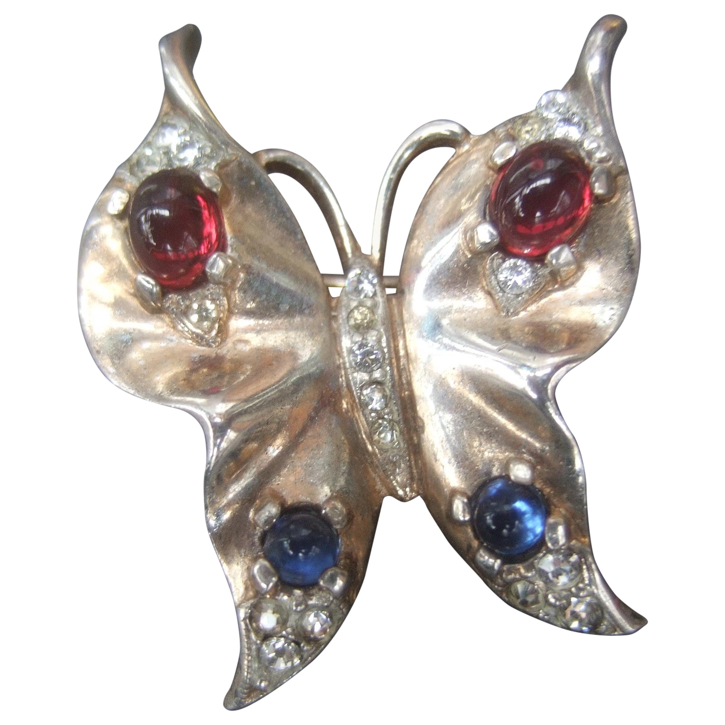 Trifari Sterling 1940s Glass Cabochon Diminutive Butterfly Brooch 