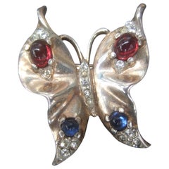 Vintage Trifari Sterling 1940s Glass Cabochon Diminutive Butterfly Brooch 