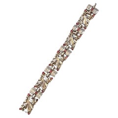 Trifari Sterling Silver Grape Leaf, Moonstone & Red Stone Bracelet, 1945