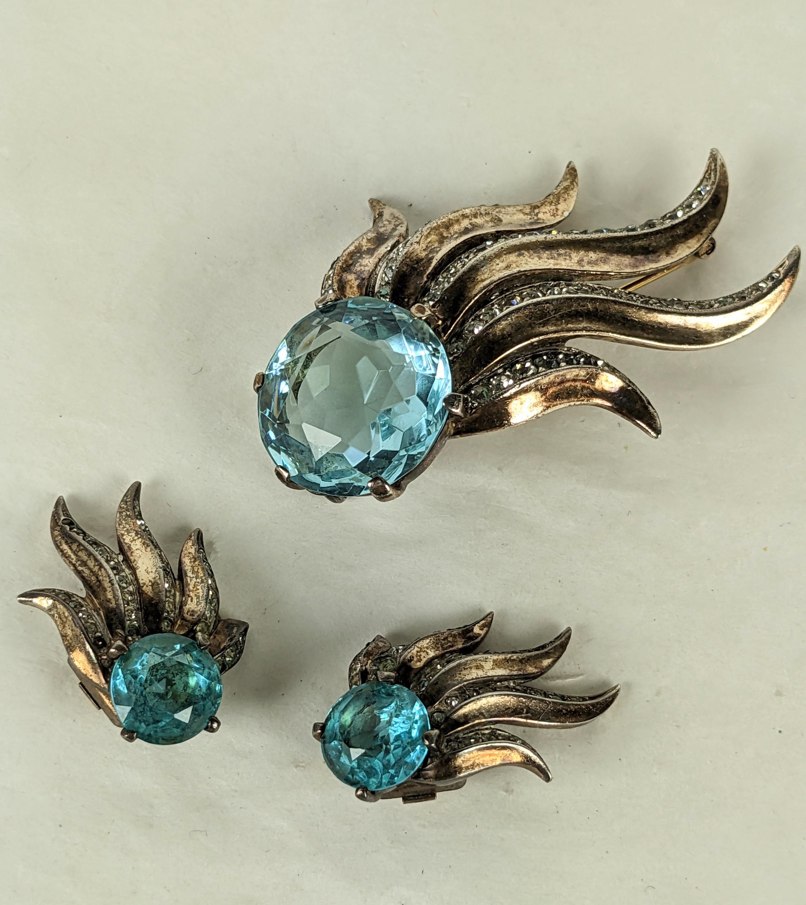 Striking Trifari Sterling Vermeil Retro Aquamarine Suite from the 1940's. Central aquamarine paste design with pave trimmed leaf forms. Brooch 2.5 x 1.5