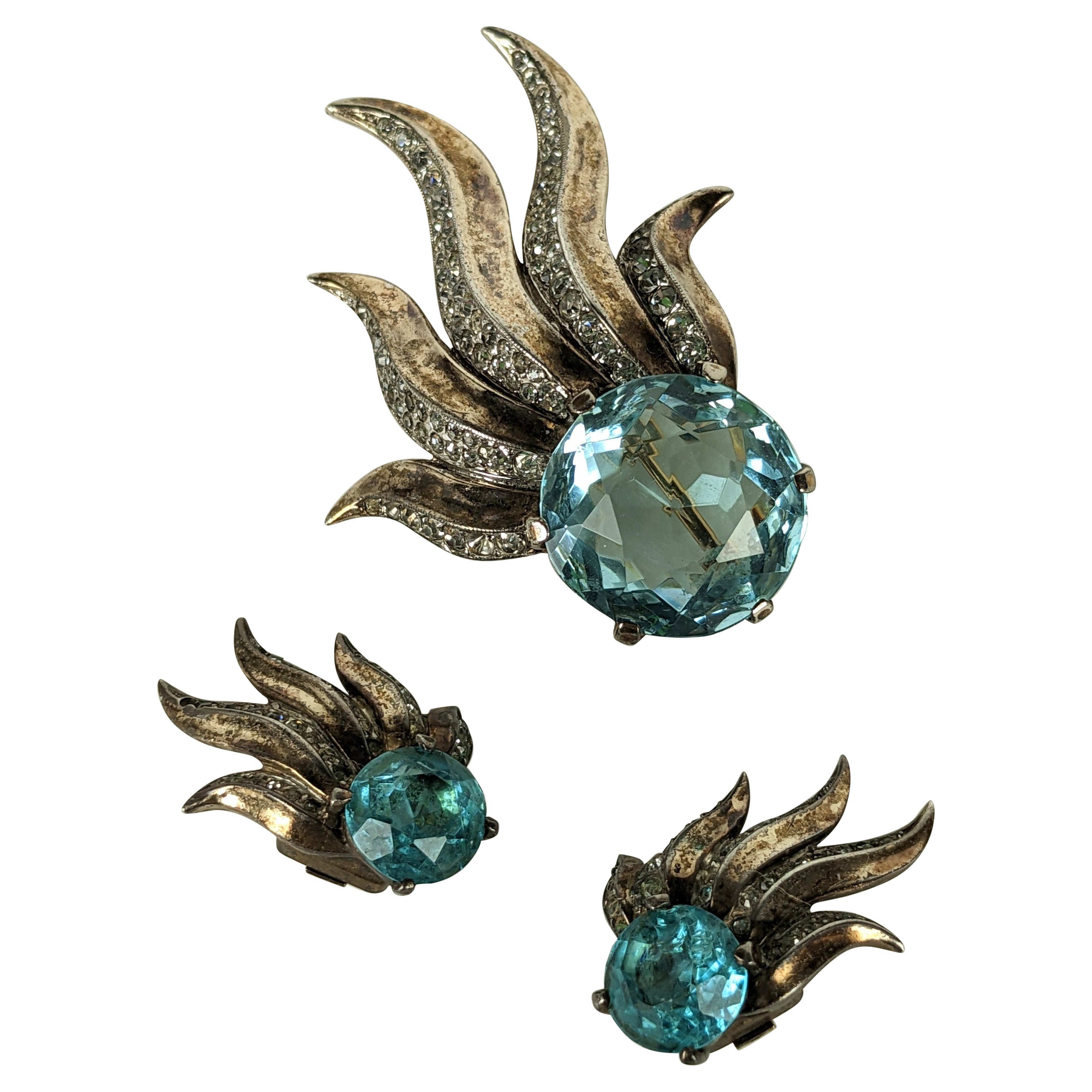 Trifari Conjunto Aguamarina Retro Vermeil de Esterlina