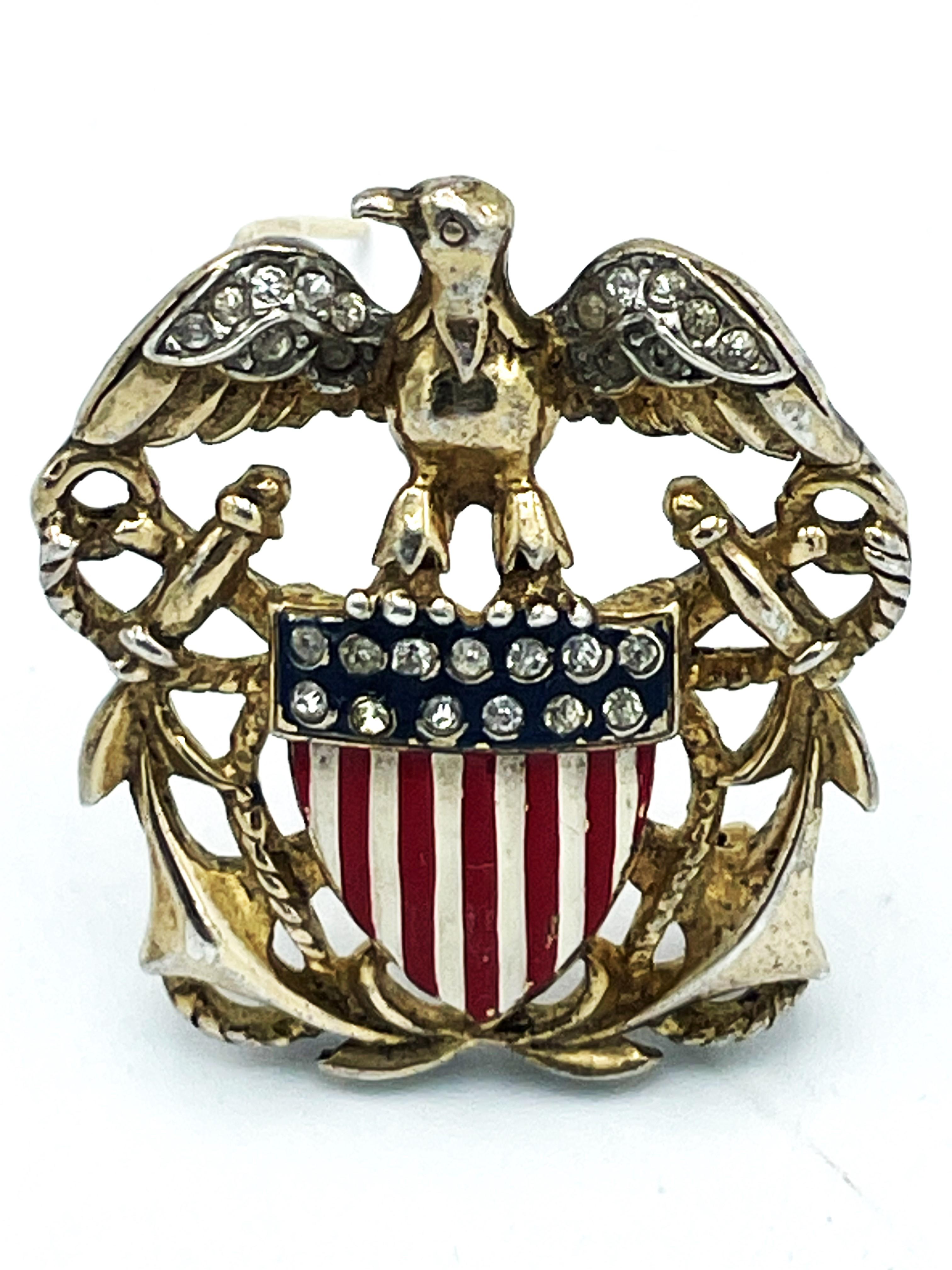 AMERCAM FIRST!
Vintage TRIFARI STERLING gold-plated by Alfred Philipp WW 2 patriotic eagle and crossed auchors US navy brooch, made 1940's, enamal and little rhinstons,  singed on the back side. 
Very good condition for ths vintage brooch.
( Last