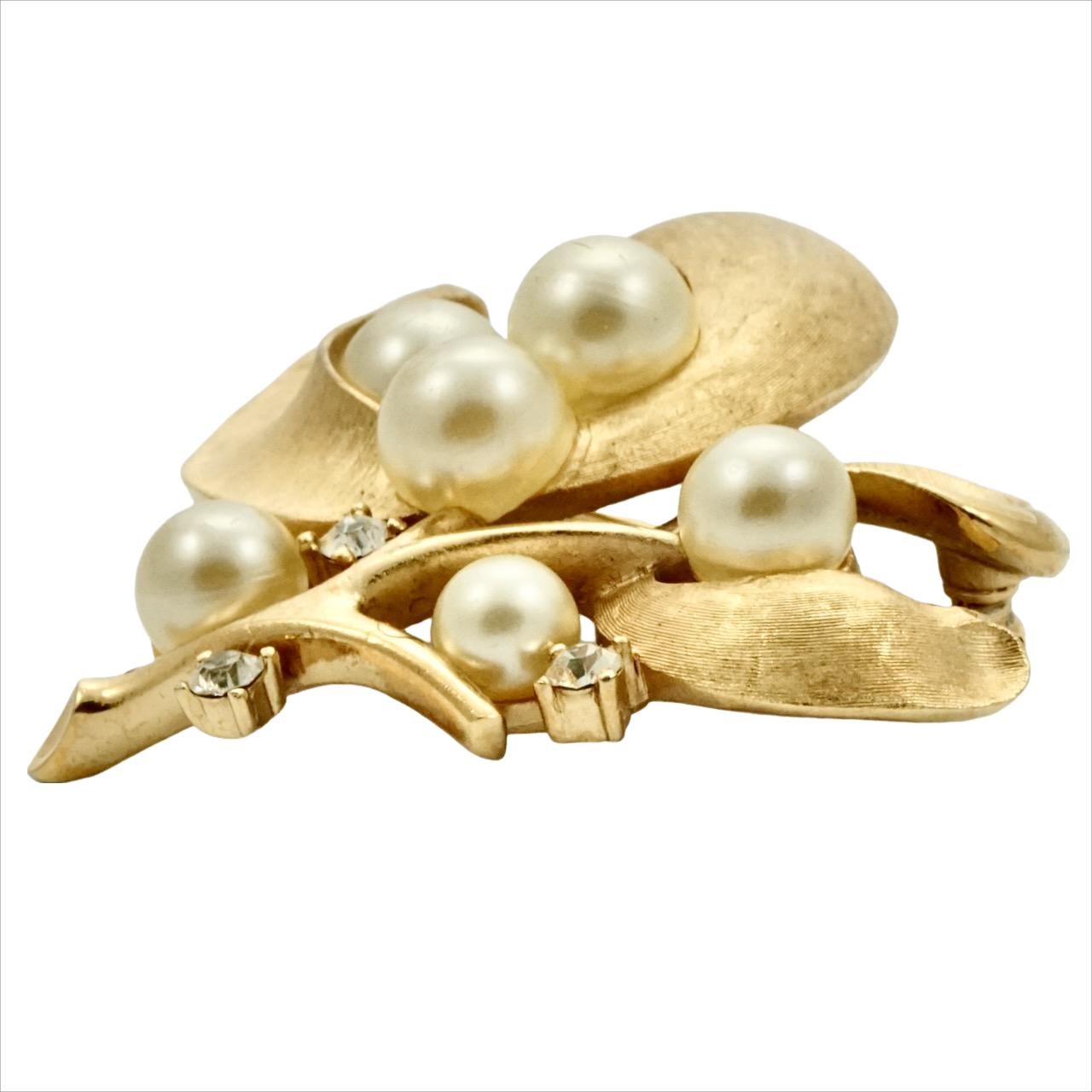 Trifari Textured Gold Plated Faux Pearl and Rhinestone Floral Brooch circa 1960s For Sale 1