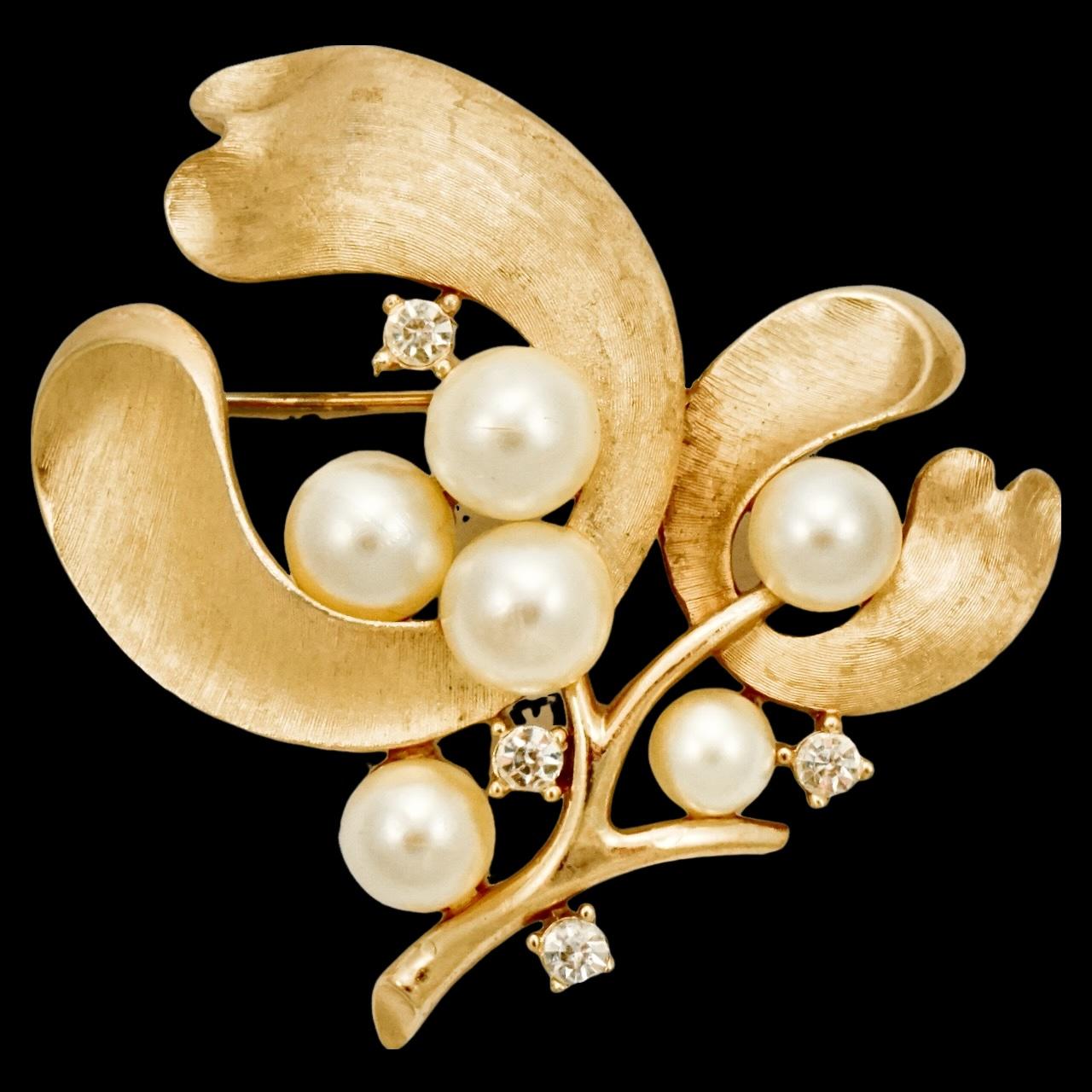 Trifari Textured Gold Plated Faux Pearl and Rhinestone Floral Brooch circa 1960s For Sale 3