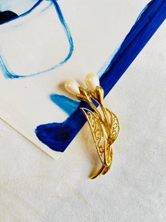 Trifari Vintage 1980s Lily Flower Leaf Bouquet Pearl Gold Openwork Hollow Brooch