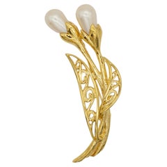 Trifari Vintage 1980s Lily Flower Leaf Bouquet Pearl Gold Openwork Hollow Brooch