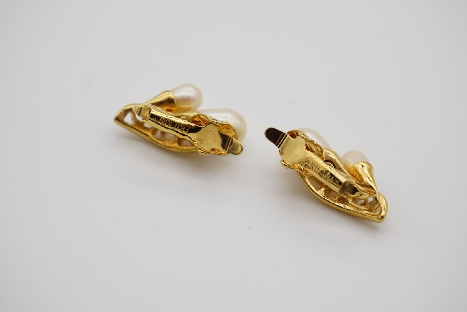 Trifari Vintage 1980s Lily Flower Leaf Pearls Openwork Hollow Clip Gold Earrings 6