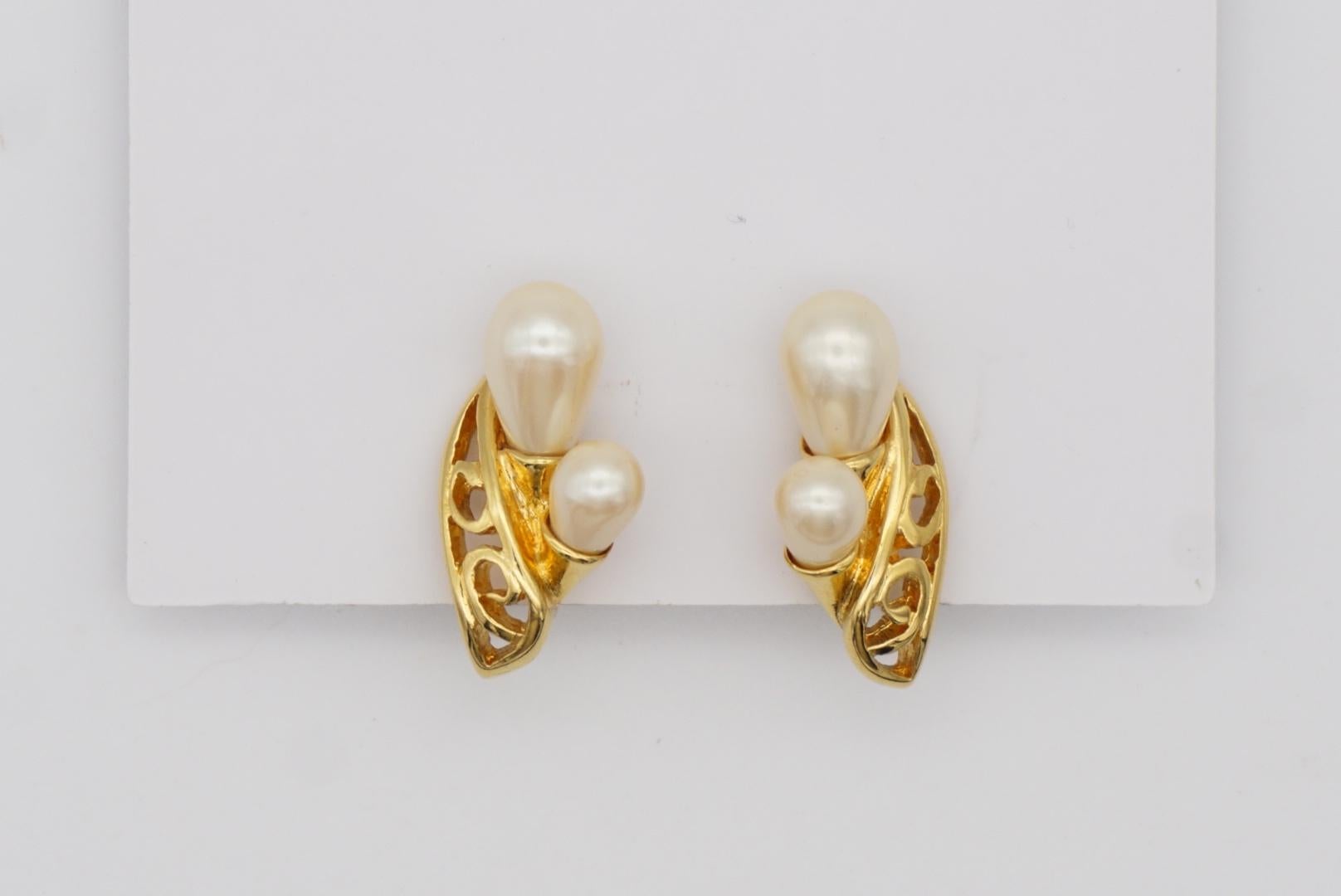 Trifari Vintage 1980s Lily Flower Leaf Pearls Openwork Hollow Clip Gold Earrings 2