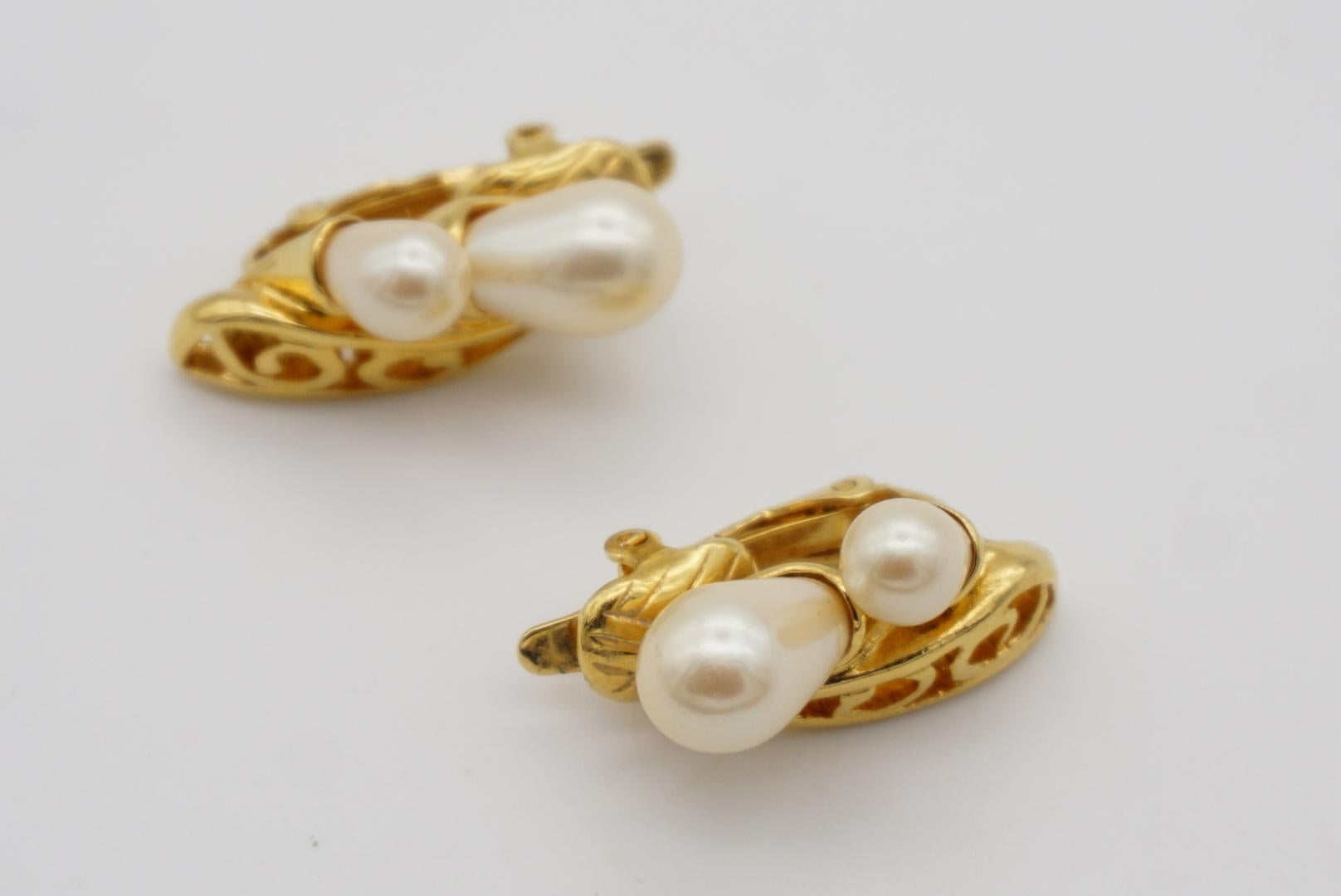 Trifari Vintage 1980s Lily Flower Leaf Pearls Openwork Hollow Clip Gold Earrings 3