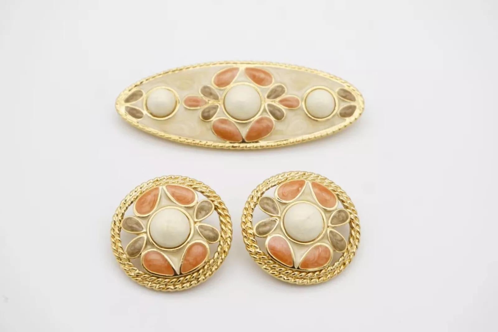 Trifari Vintage 1980s Pink Grey Enamel Flower White Pearl Set Earrings Brooch 5