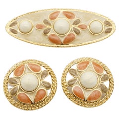 Trifari Vintage 1980s Pink Grey Enamel Flower White Pearl Set Earrings Brooch