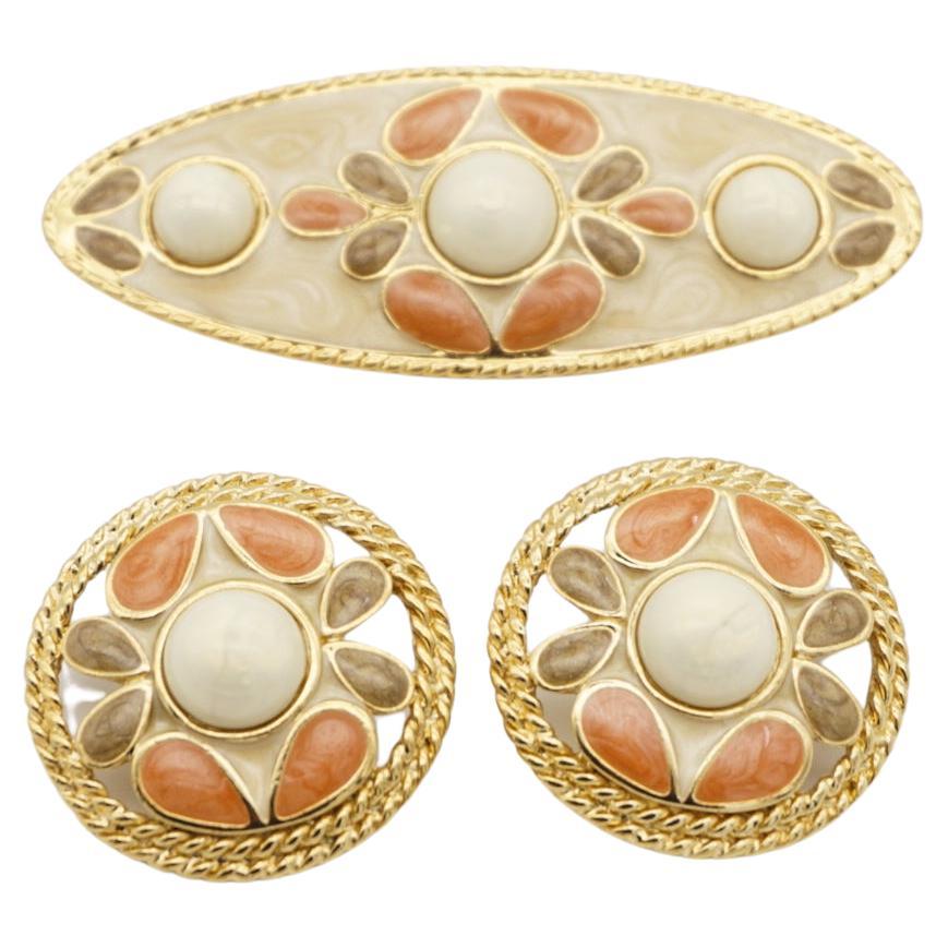 Trifari Vintage 1980s Pink Grey Flower White Pearl Jewellery Set Earrings Brooch For Sale