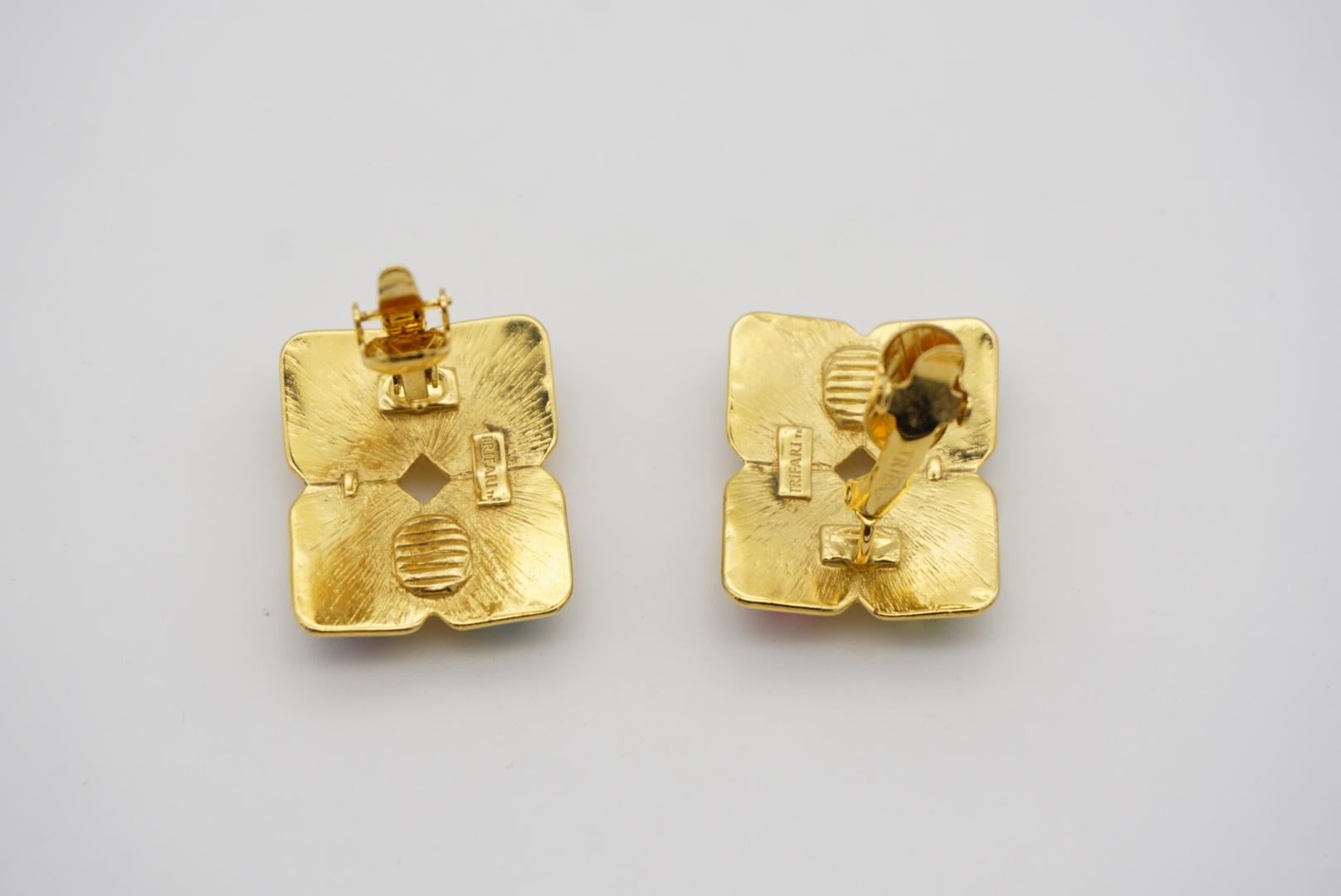 Trifari Vintage Años 80 Púrpura Rosa Azul Amarillo Cristales Rectángulo Pendientes de clip en venta 5