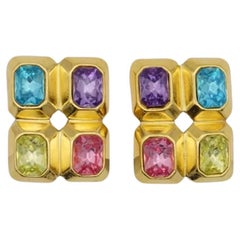 Trifari Vintage 1980s Purple Pink Blue Yellow Crystals Rectangle Clip Earrings