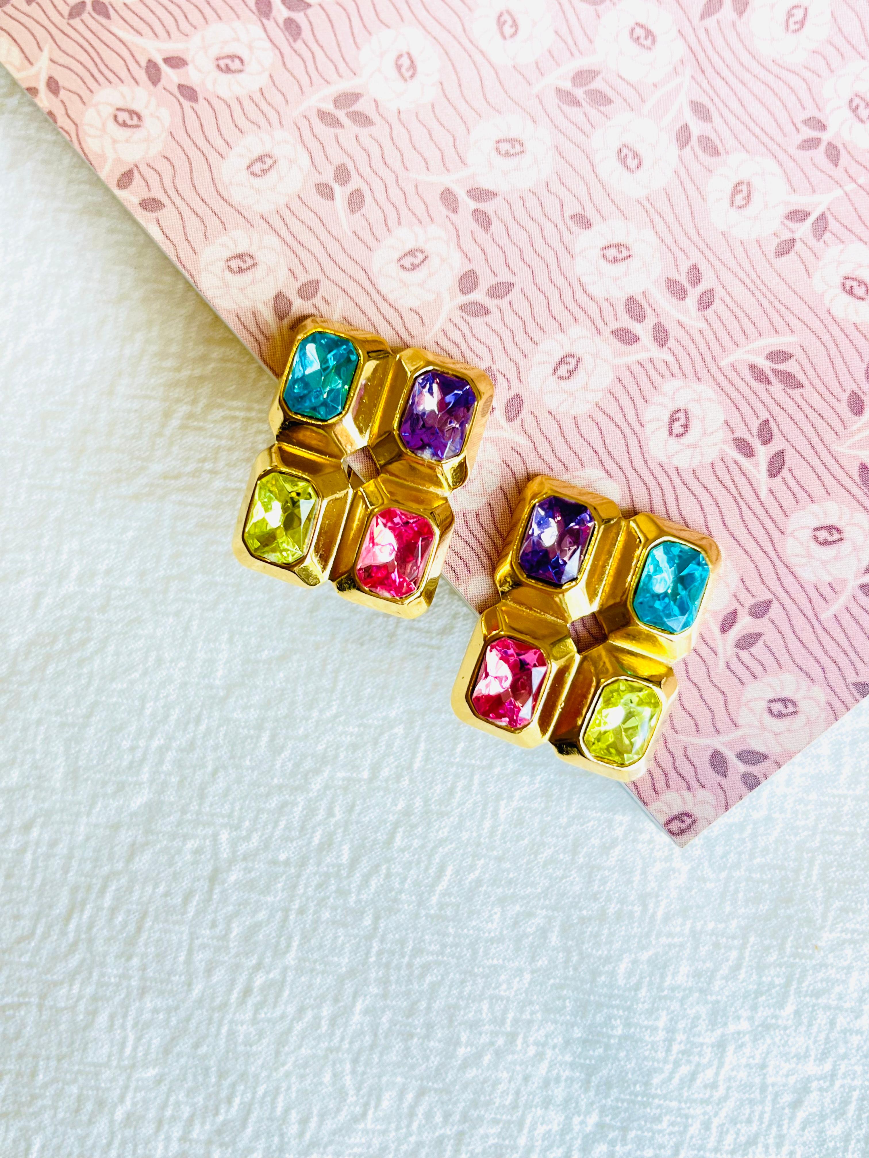 Baroque Trifari Vintage 1980s Purple Pink Blue Yellow Crystals Rectangle Clip Earrings