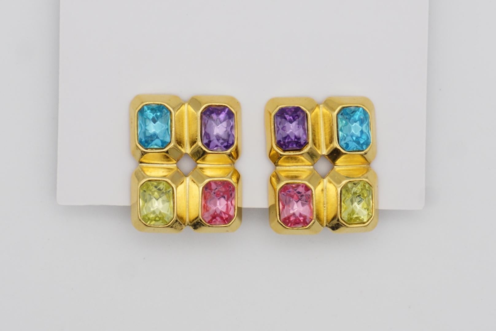 Trifari Vintage 1980s Purple Pink Blue Yellow Crystals Rectangle Clip Earrings en vente 1