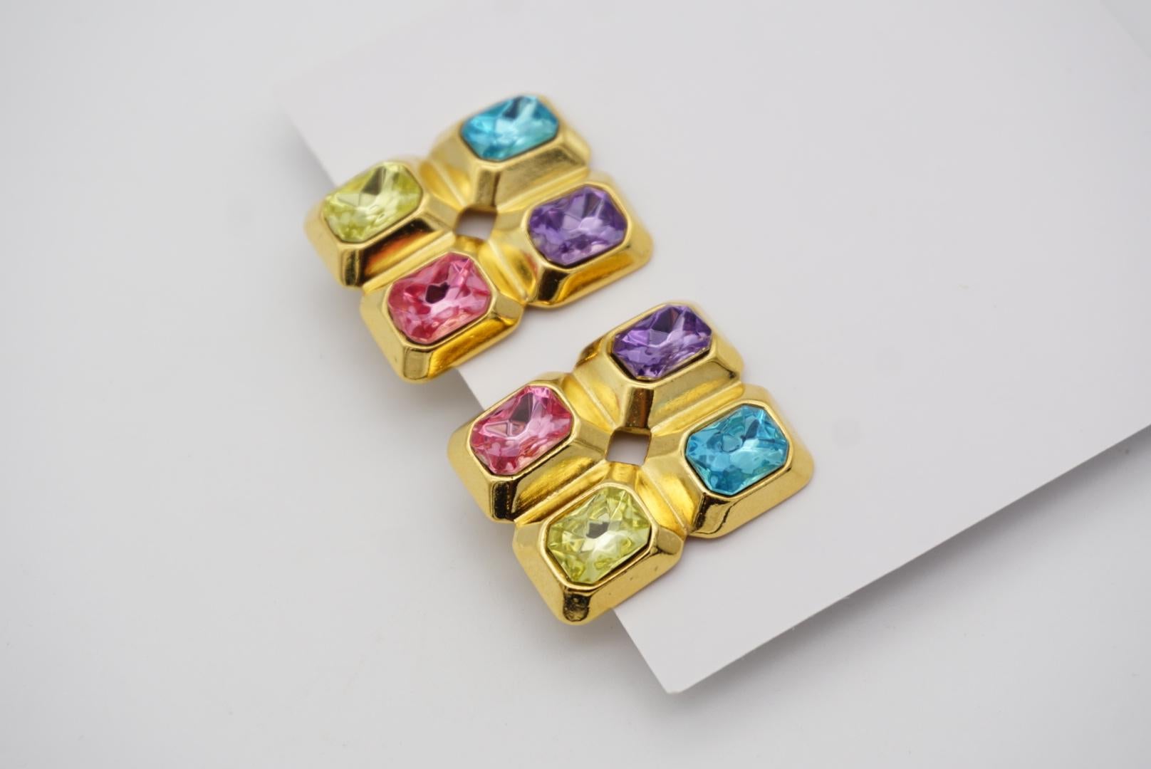 Trifari Vintage 1980s Purple Pink Blue Yellow Crystals Rectangle Clip Earrings For Sale 2