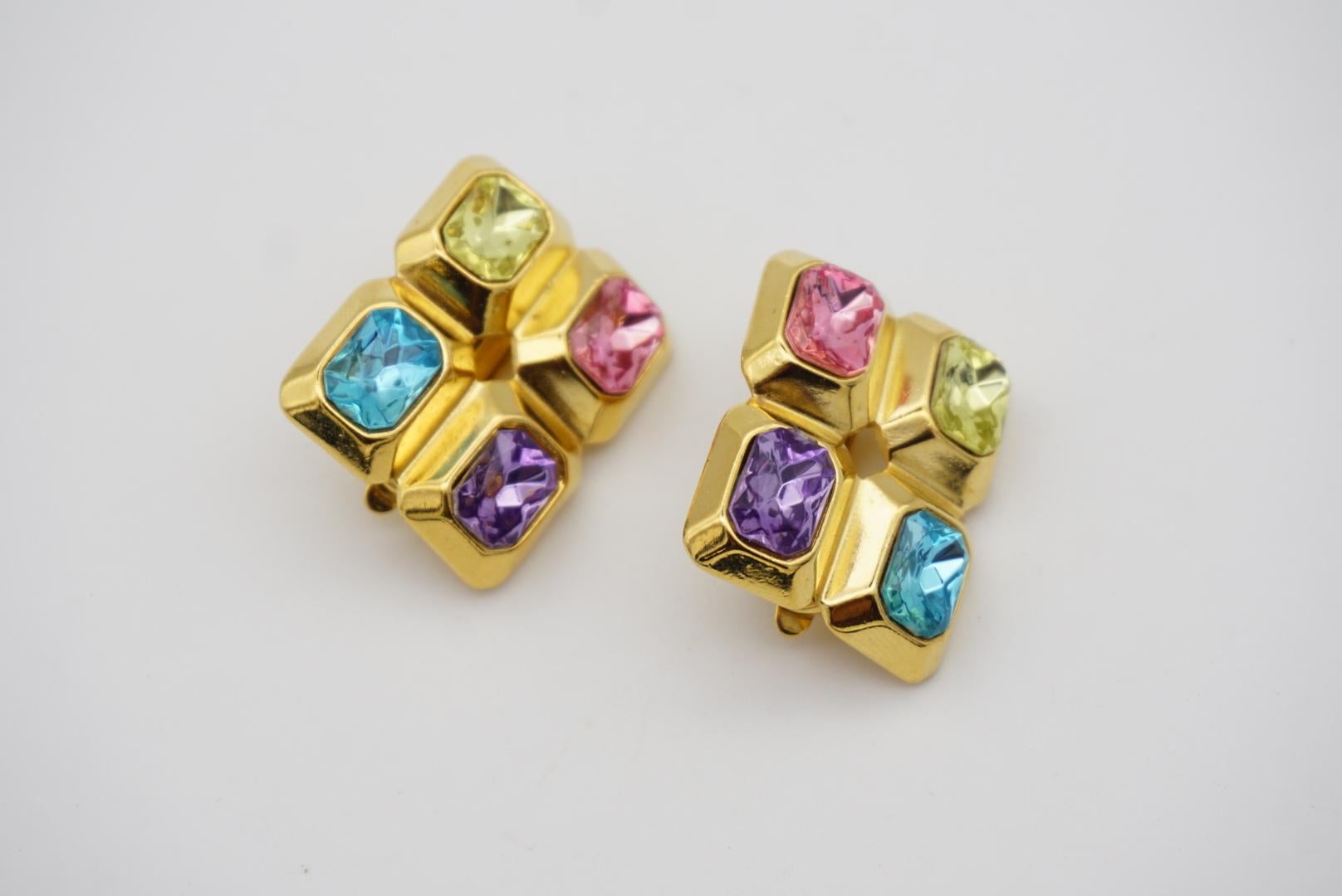 Trifari Vintage 1980s Purple Pink Blue Yellow Crystals Rectangle Clip Earrings en vente 3
