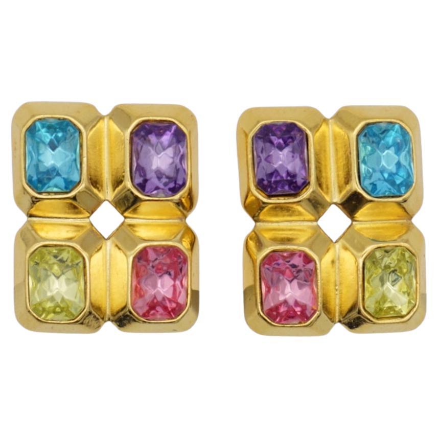 Trifari Vintage 1980s Purple Pink Blue Yellow Crystals Rectangle Clip Earrings en vente