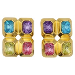 Trifari Vintage 1980s Purple Pink Blue Yellow Crystals Rectangle Clip Earrings