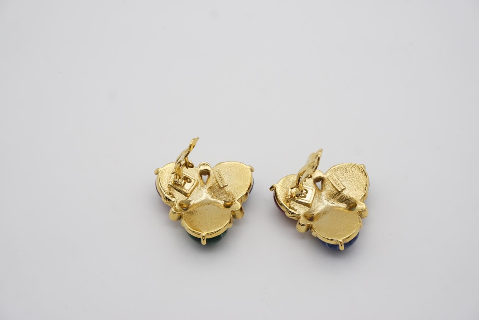 Trifari Vintage 1980s Ruby Sapphire Emerald Triangle Trio Ball Crystals Earrings For Sale 6