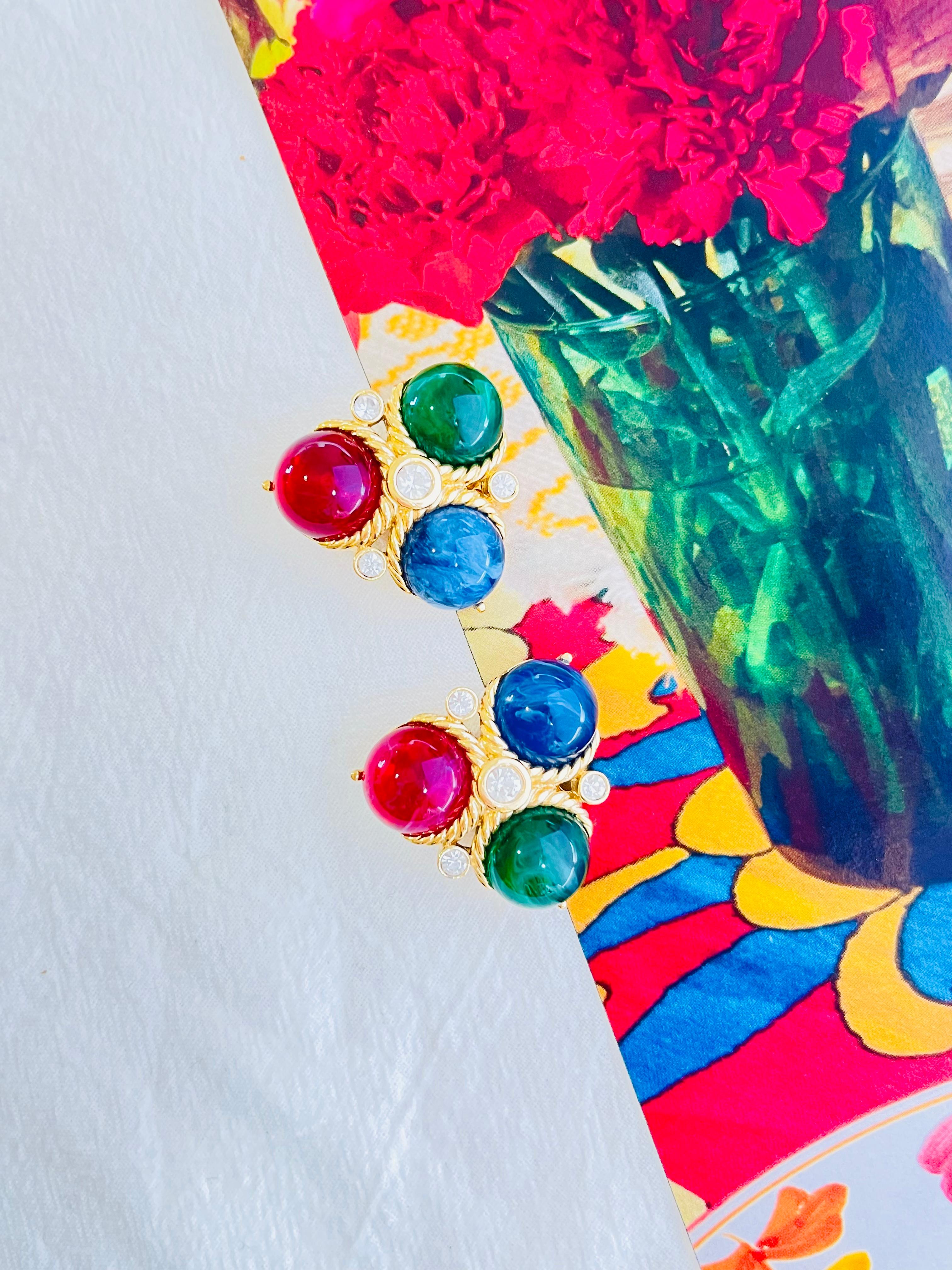 Pendientes Trifari Vintage Años 80 Trío de Cristales de Bola Rubí Zafiro Esmeralda Art Decó