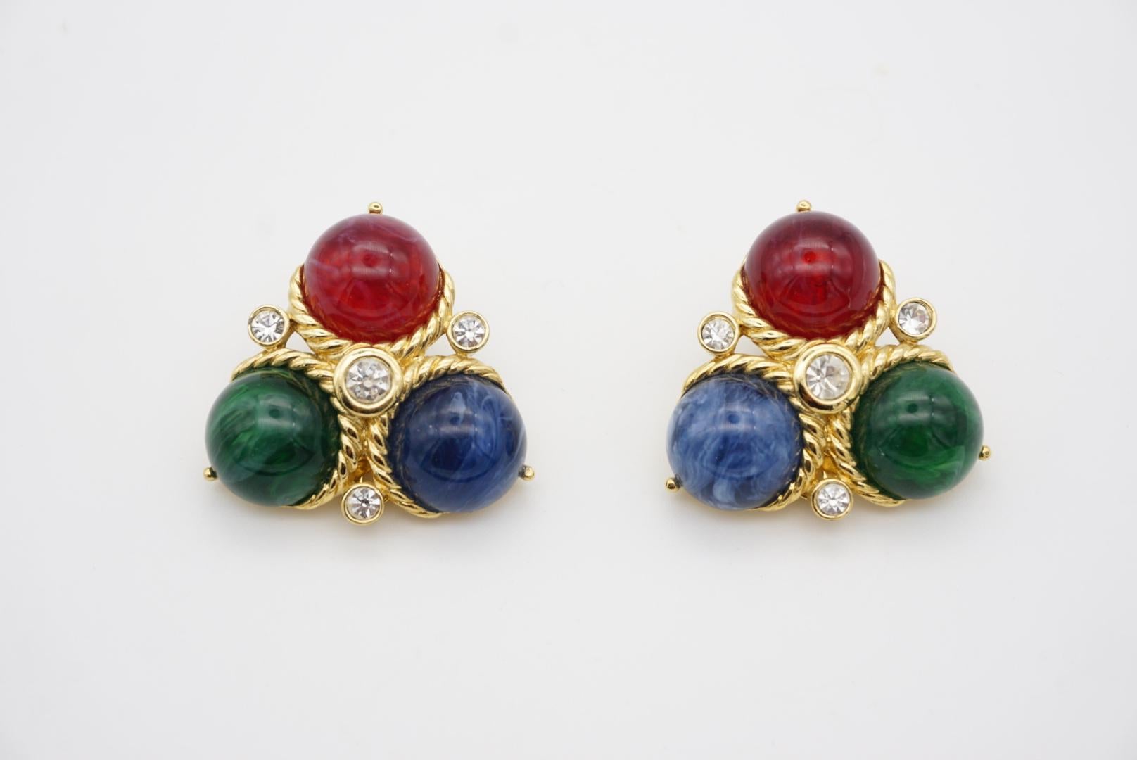 Trifari Vintage 1980s Ruby Sapphire Emerald Triangle Trio Ball Crystals Earrings For Sale 1