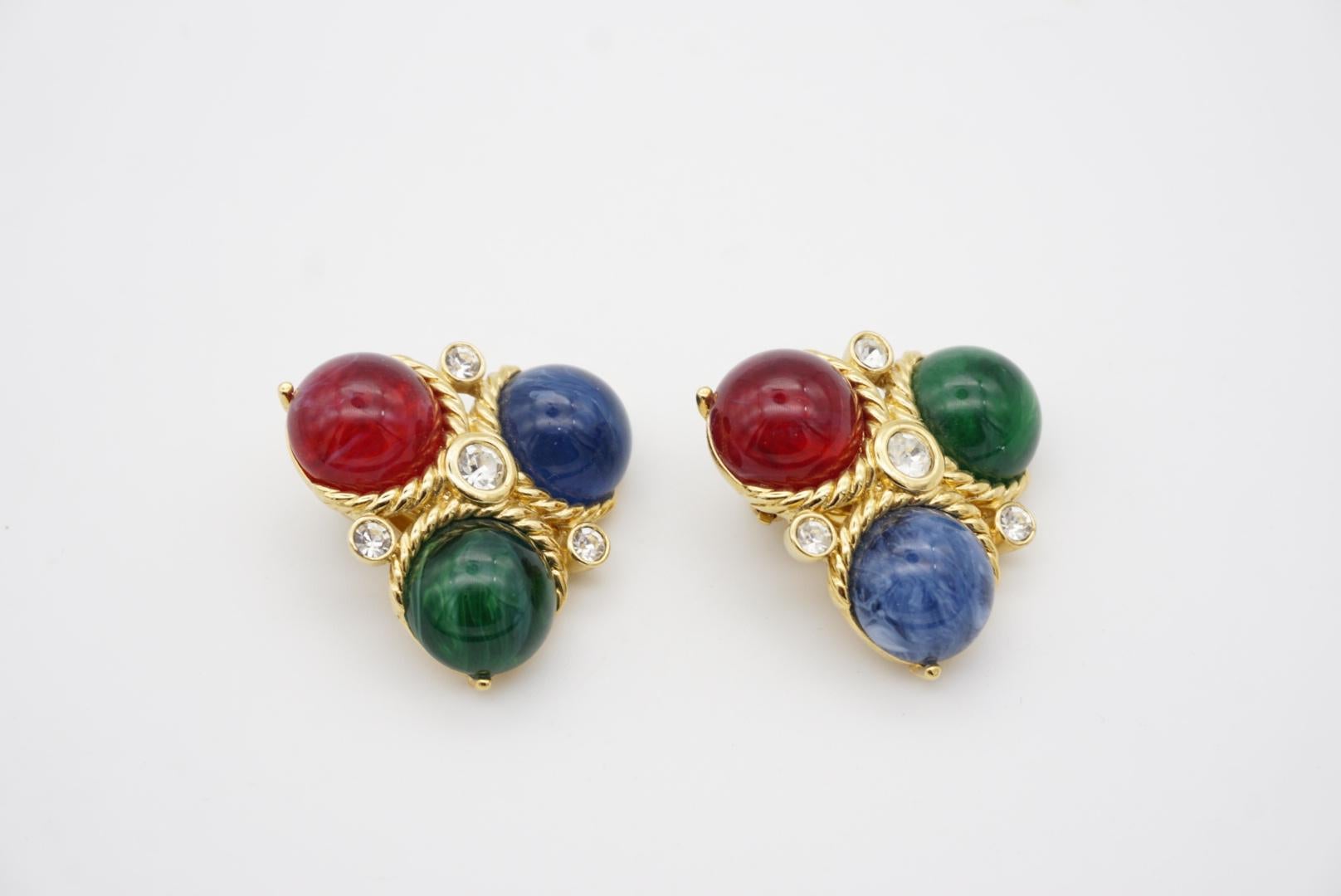 Trifari Vintage 1980s Ruby Sapphire Emerald Triangle Trio Ball Crystals Earrings For Sale 2