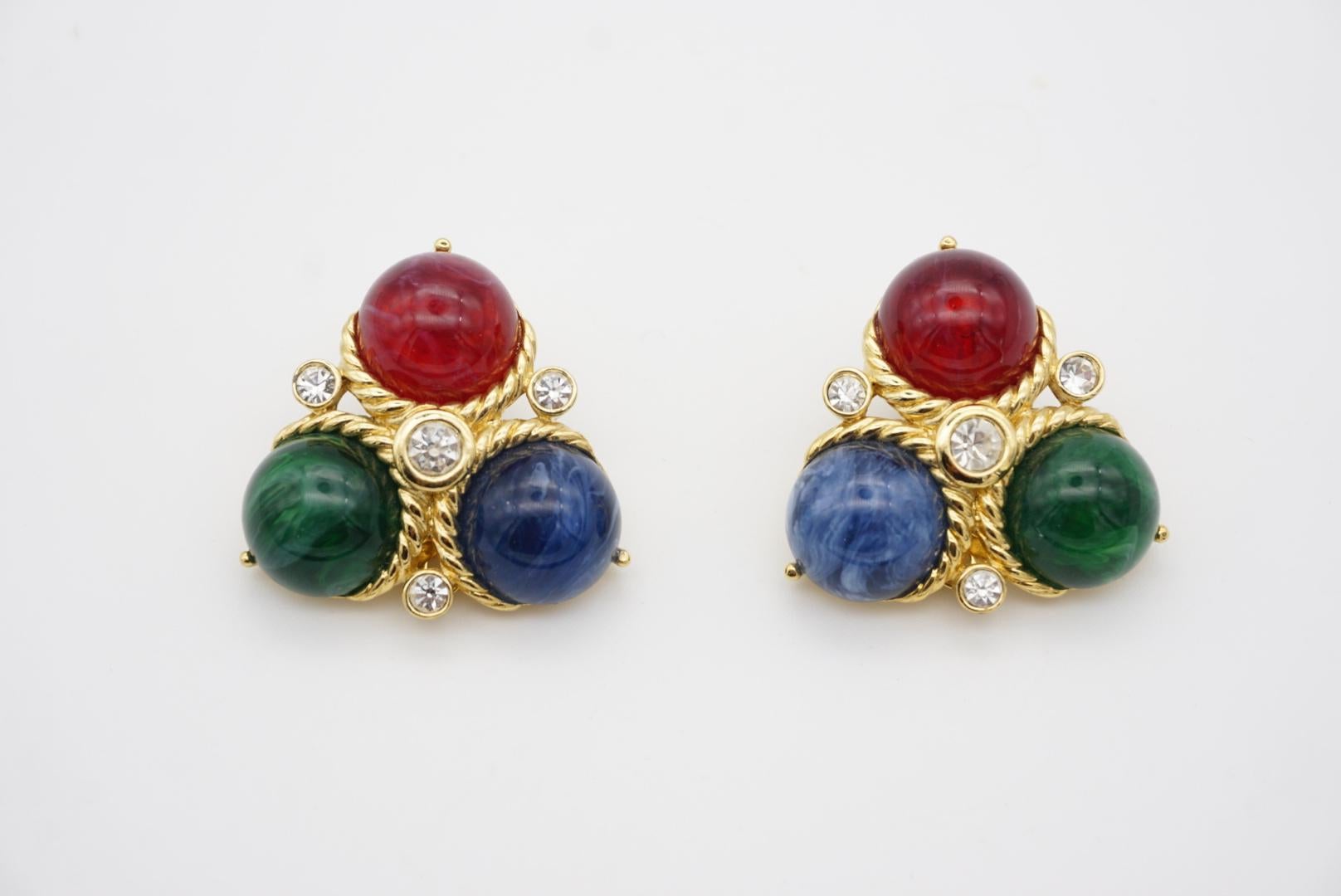 Trifari Vintage 1980s Ruby Sapphire Emerald Triangle Trio Ball Crystals Earrings For Sale 2