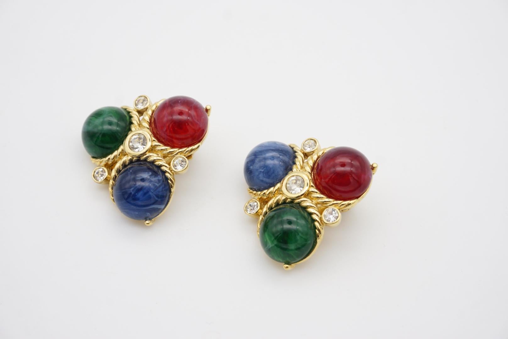 Trifari Vintage 1980s Ruby Sapphire Emerald Triangle Trio Ball Crystals Earrings For Sale 3