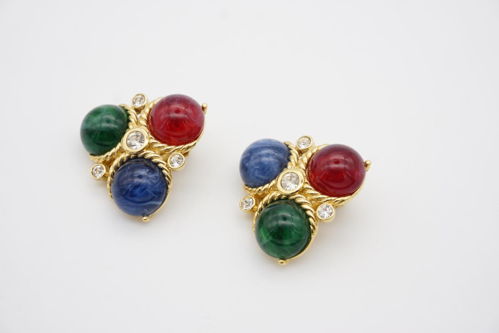 Pendientes Trifari Vintage Años 80 Trío de Cristales de Bola Rubí Zafiro Esmeralda 4