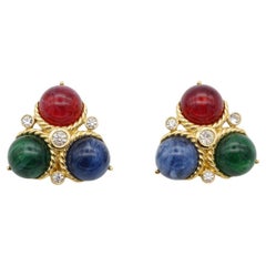 Trifari Used 1980s Ruby Sapphire Emerald Triangle Trio Ball Crystals Earrings