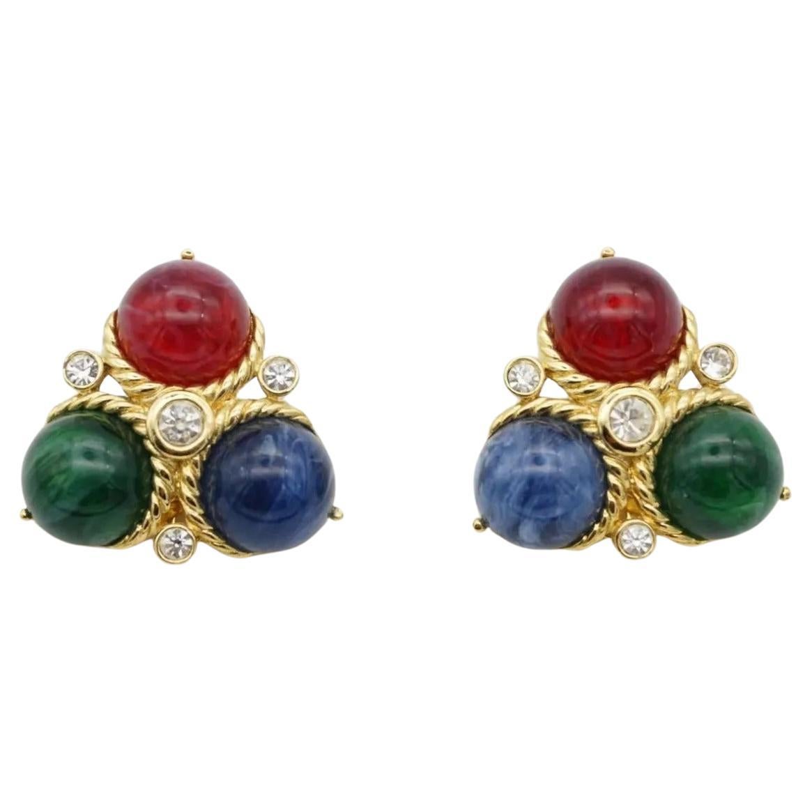 Trifari Vintage 1980s Ruby Sapphire Emerald Triangle Trio Ball Crystals Earrings
