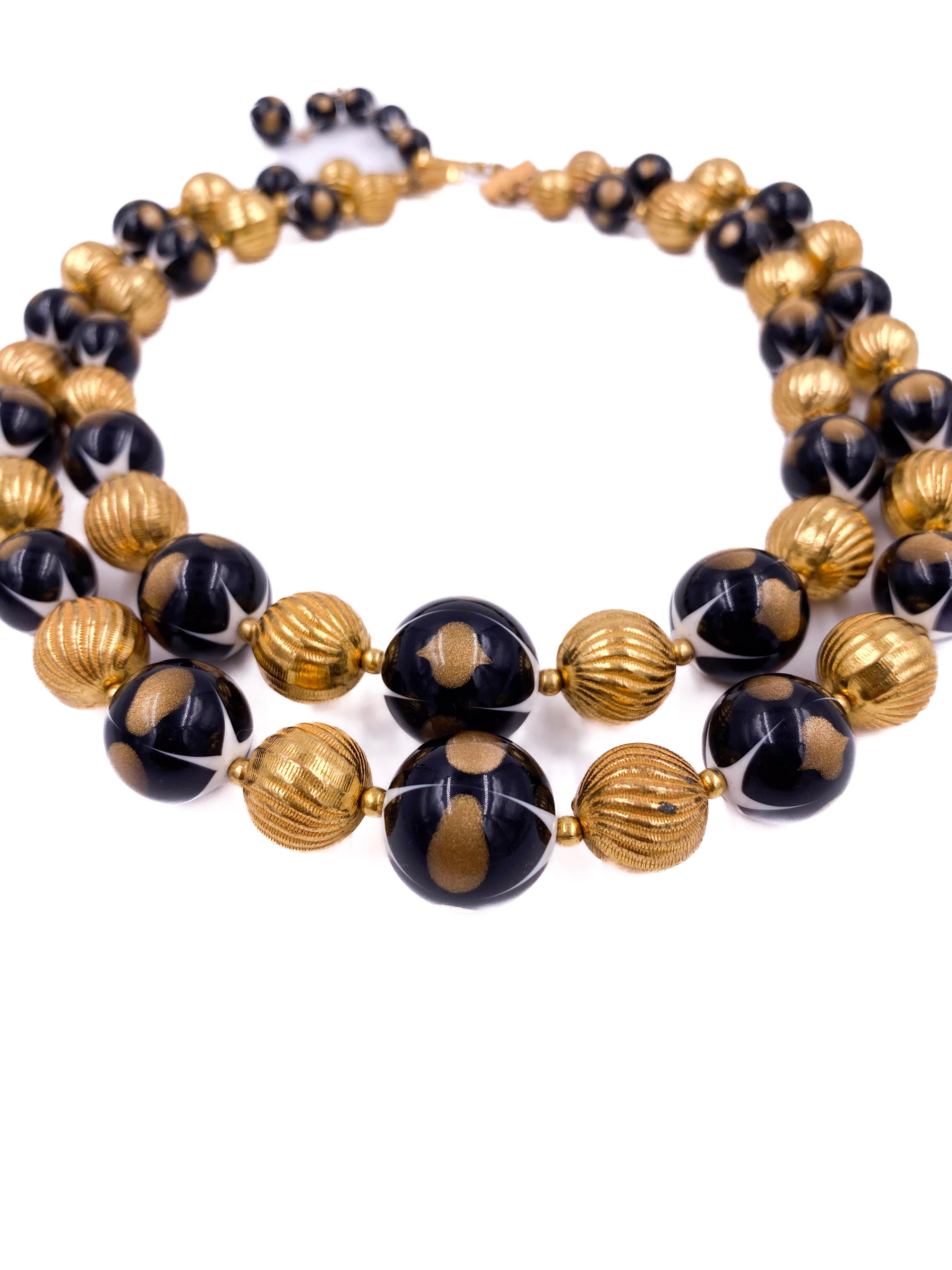 Trifari Vintage Black/Gold Ball Double Layered Necklace In Good Condition For Sale In Los Angeles, CA