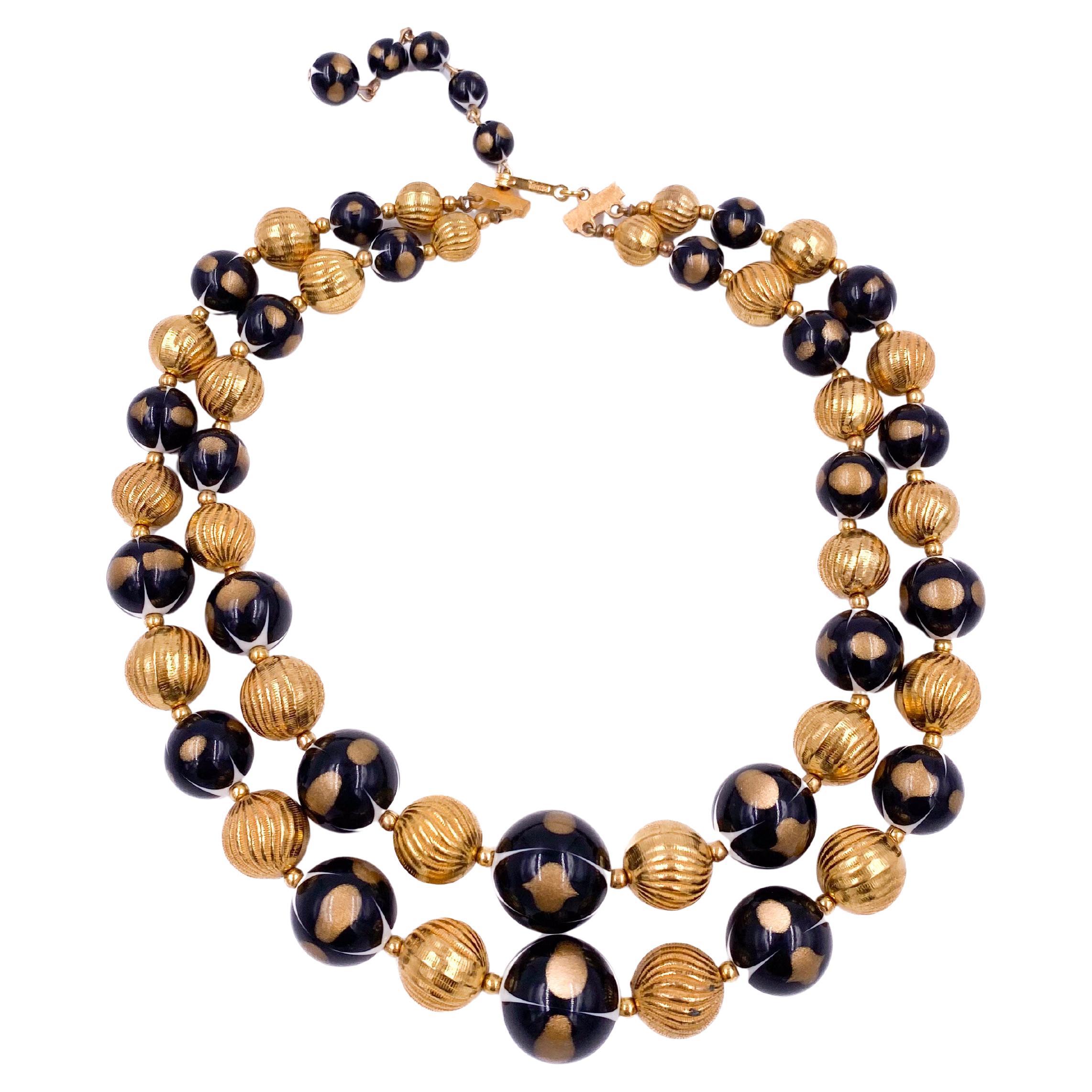 Trifari Vintage Black/Gold Ball Double Layered Necklace For Sale