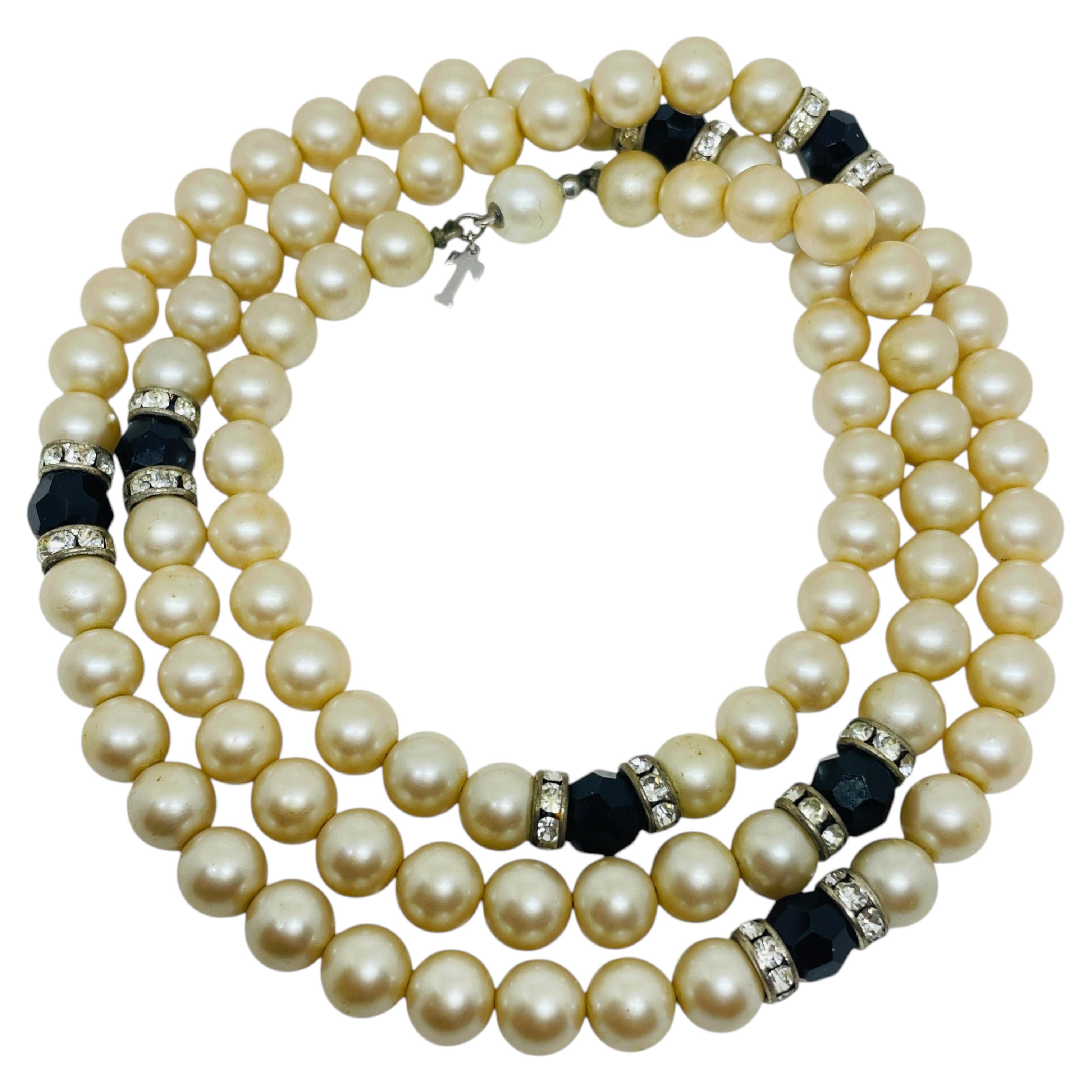 Collana di design Trifari vintage con perle di vetro e cristalli, a fili lunghi, anni '30