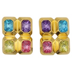 Trifari Vintage Rare Gold Pink Purple Blue Yellow Crystals Rectangle Earrings
